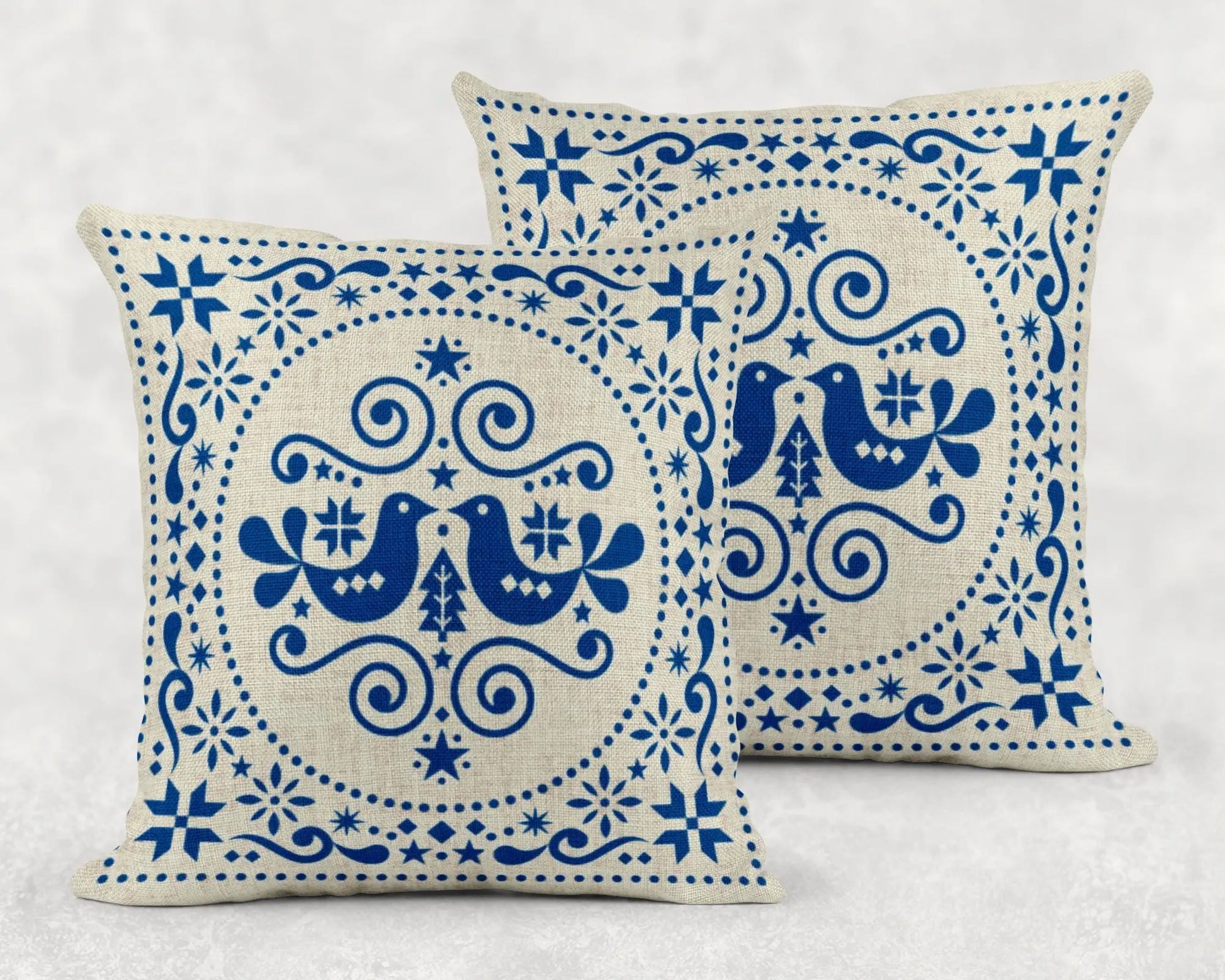 Blue Bird Cushion – Nordic Folk Pillow | Scandi Sofa Cushion | Woven Boho Throw