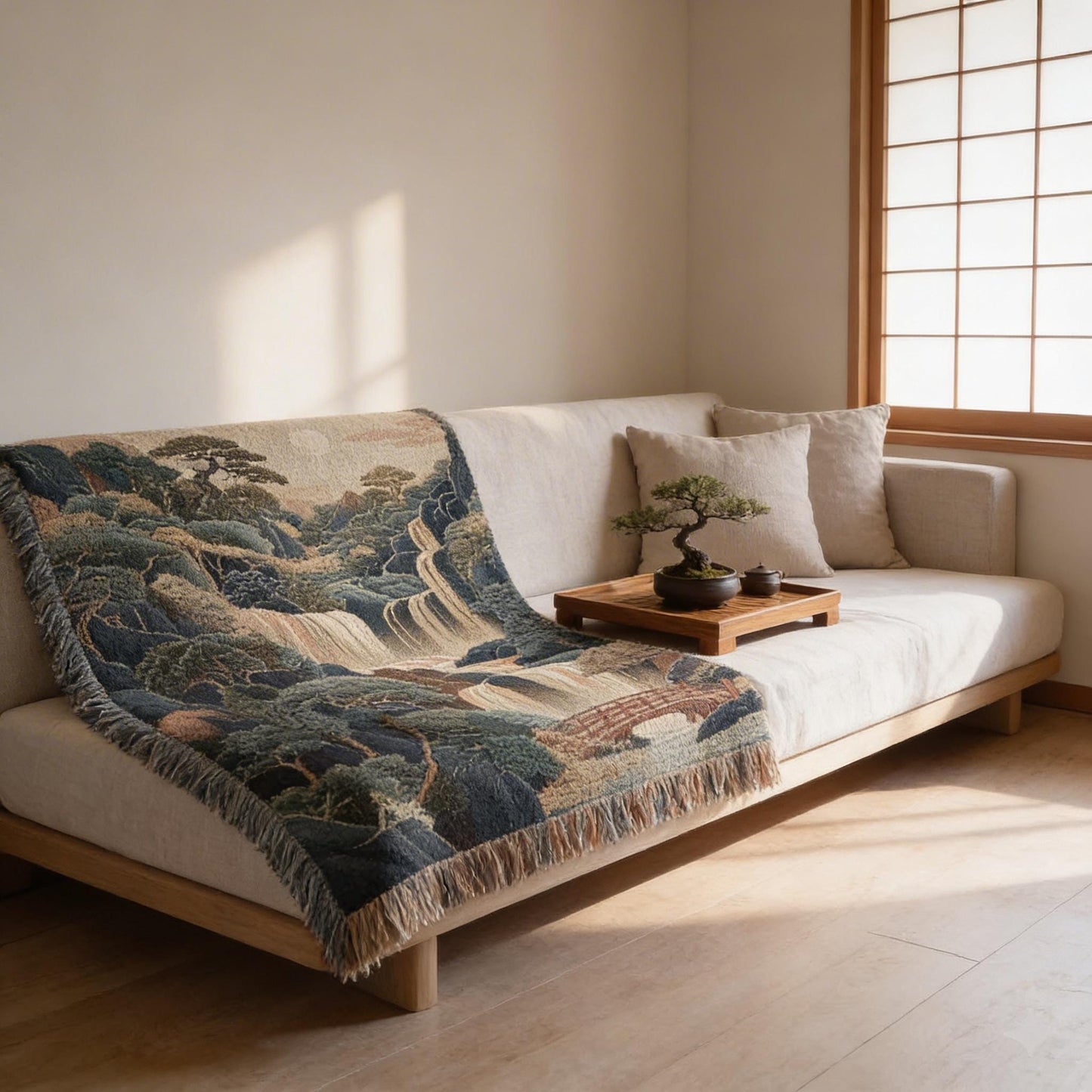 Boho woven blanket with woven pattern styled for layered home decor