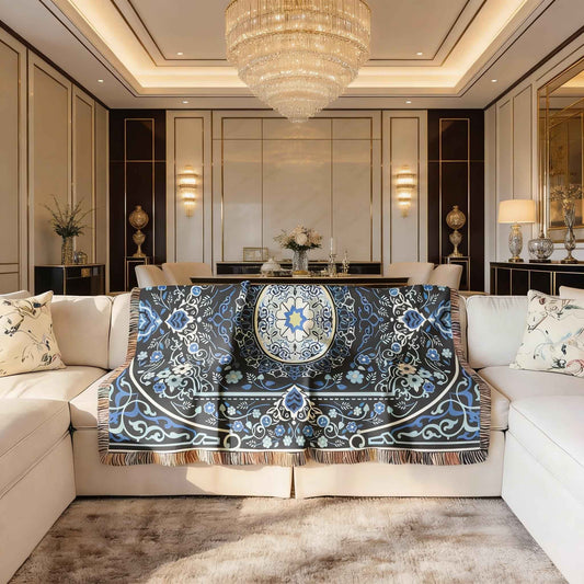 Anatolian Inspired woven blanket with rug-style pattern styled for layered home decor