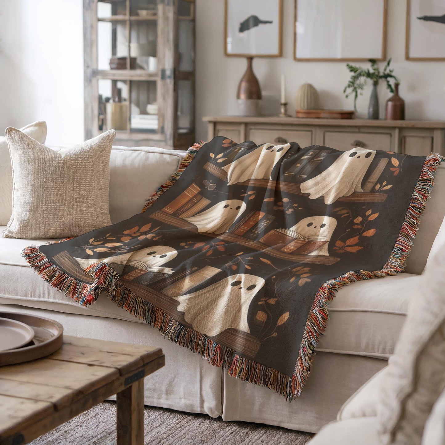 Halloween Blanket | Spooky Sofa Throw With Ghost Bookshelf Decor & Colorful Fringed Edges