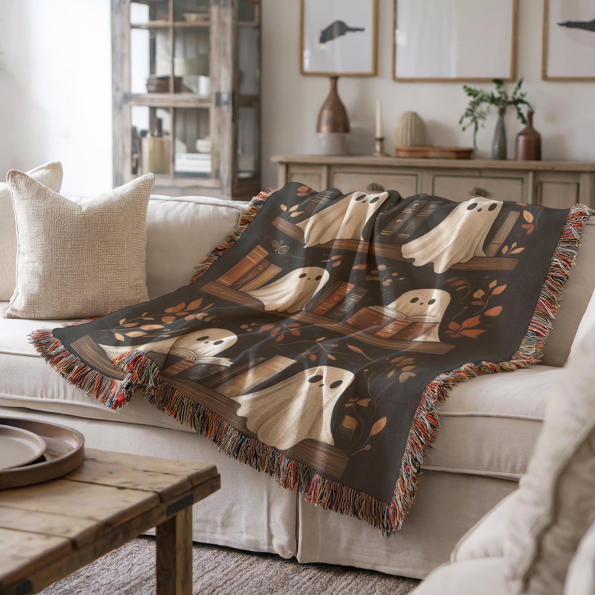 Halloween Blanket | Spooky Sofa Throw With Ghost Bookshelf Decor & Colorful Fringed Edges