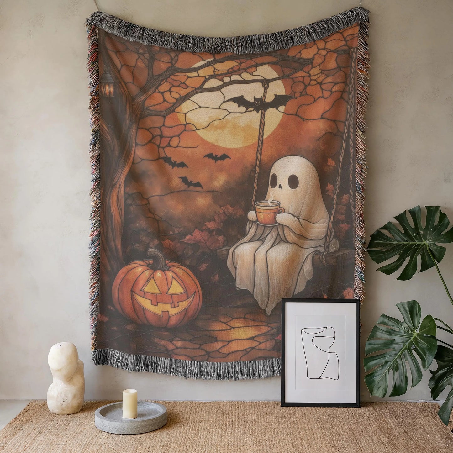 Halloween Throw Blanket - Cozy Woven Cotton Fabric Lap Blanket With Pumpkin Moon Design