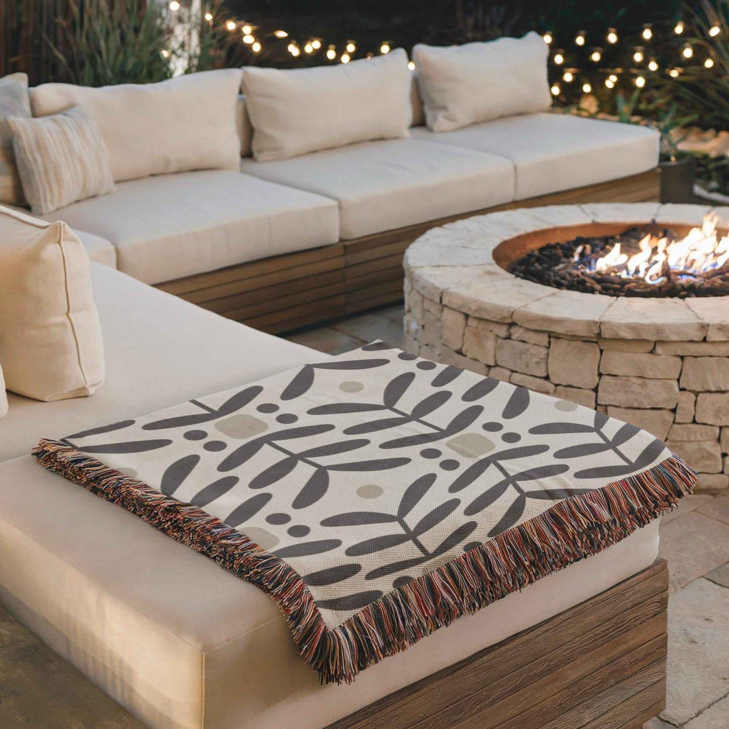 Scandinavian Inspired woven blanket with woven pattern styled for layered home decor