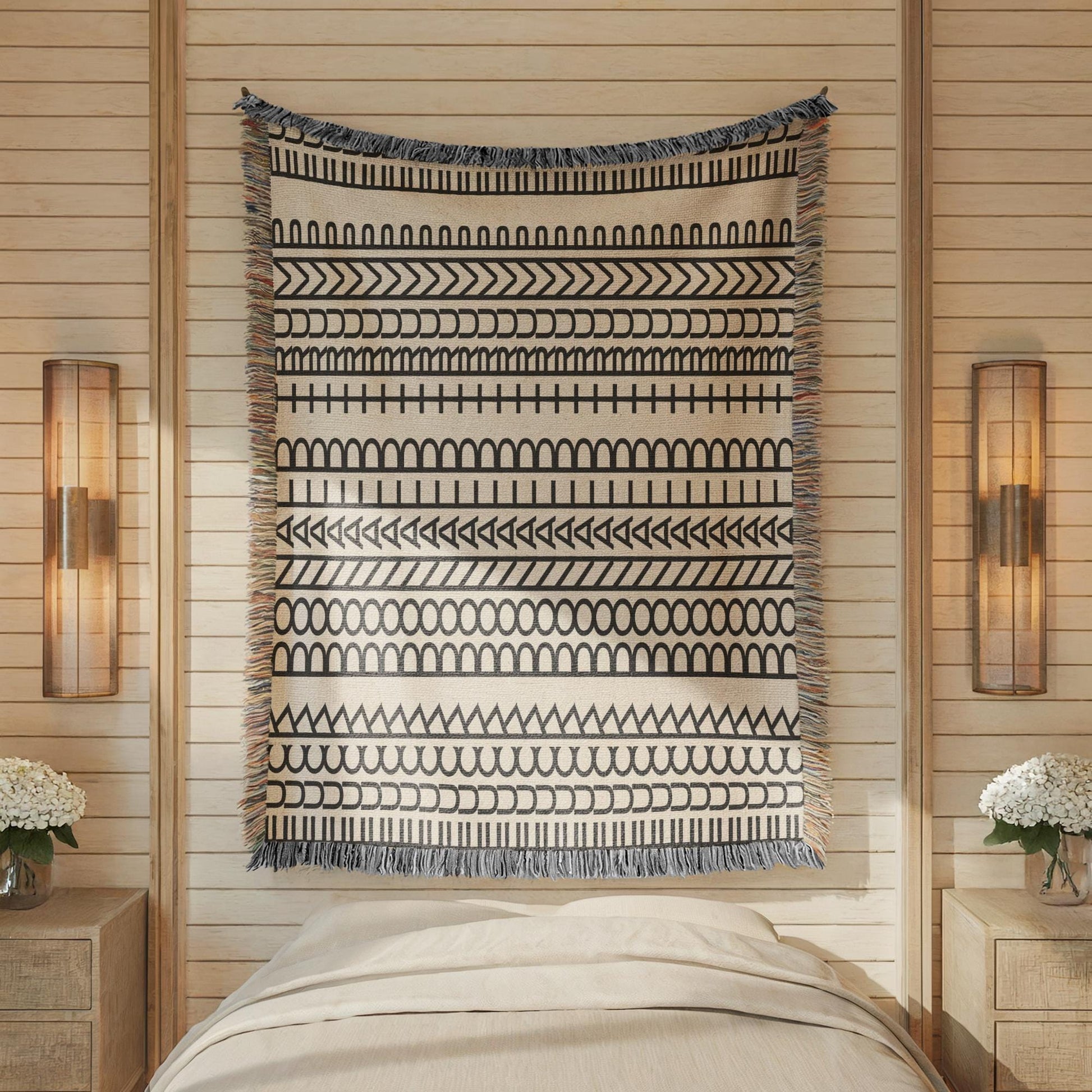 Woven Statement Blanket – Modern Throw Cotton Artisan Decorative Throw with Colorful Fringed Edges