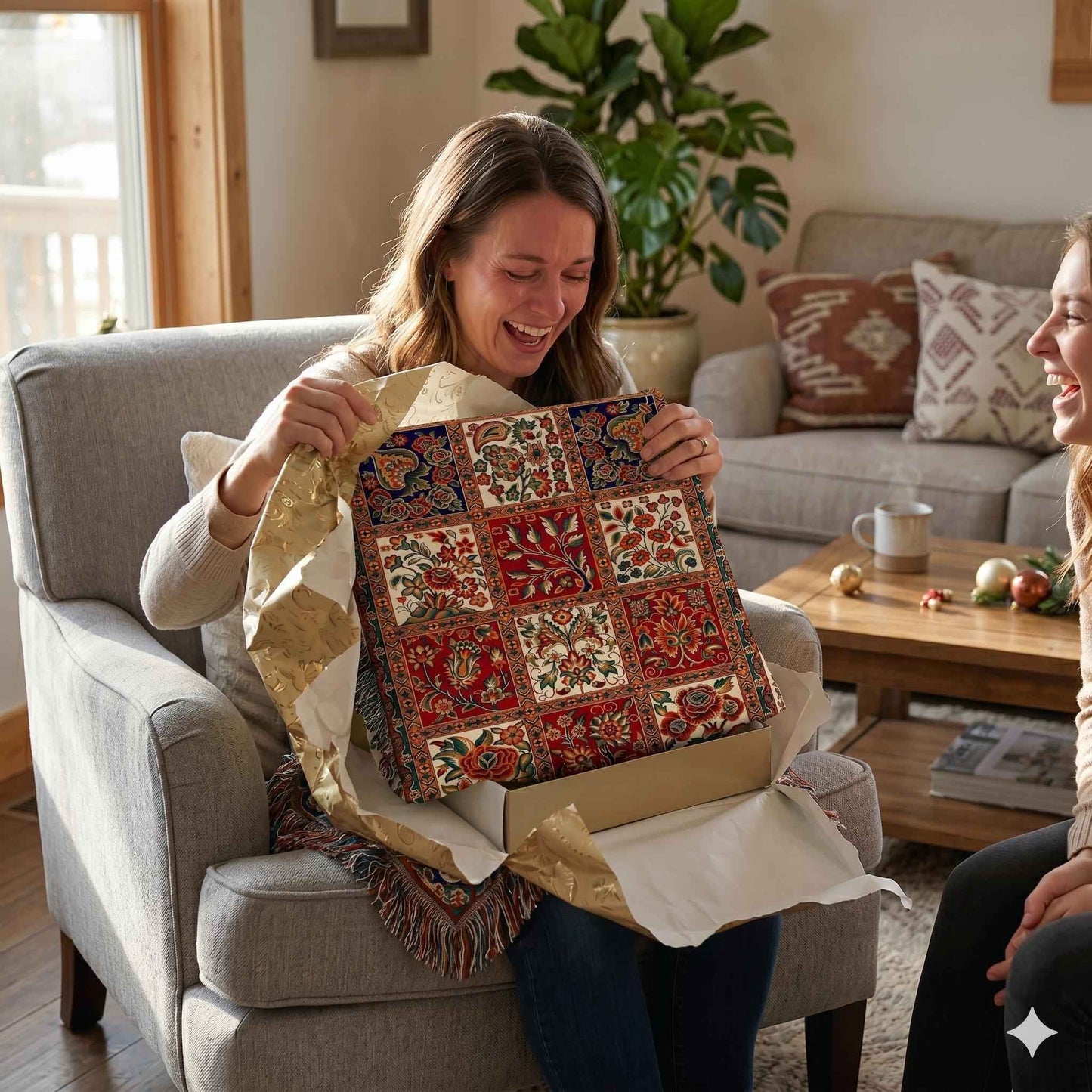 Caucasian Rug Inspired woven blanket with geometric pattern styled for layered home decor