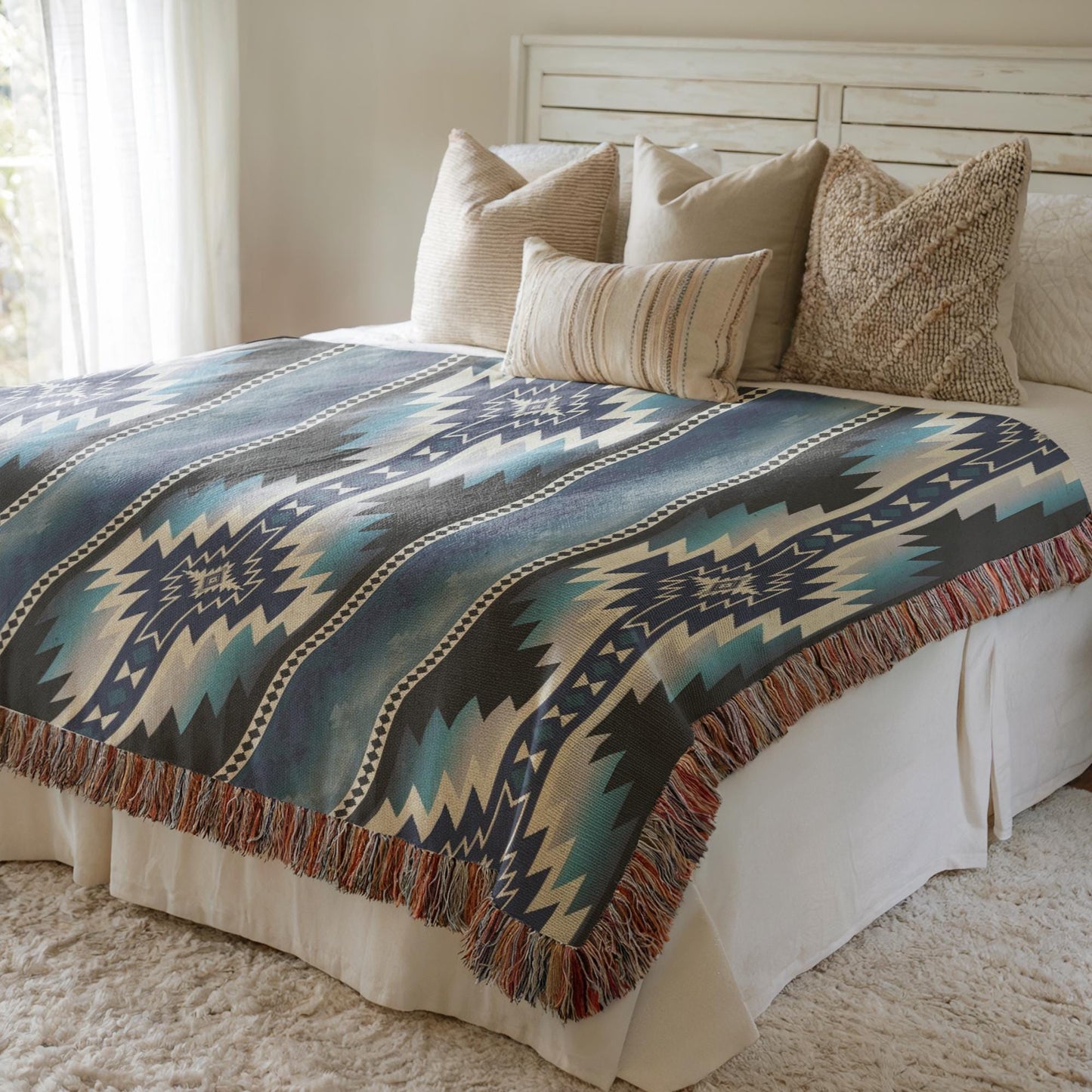 Southwestern woven blanket with geometric pattern styled for layered home decor