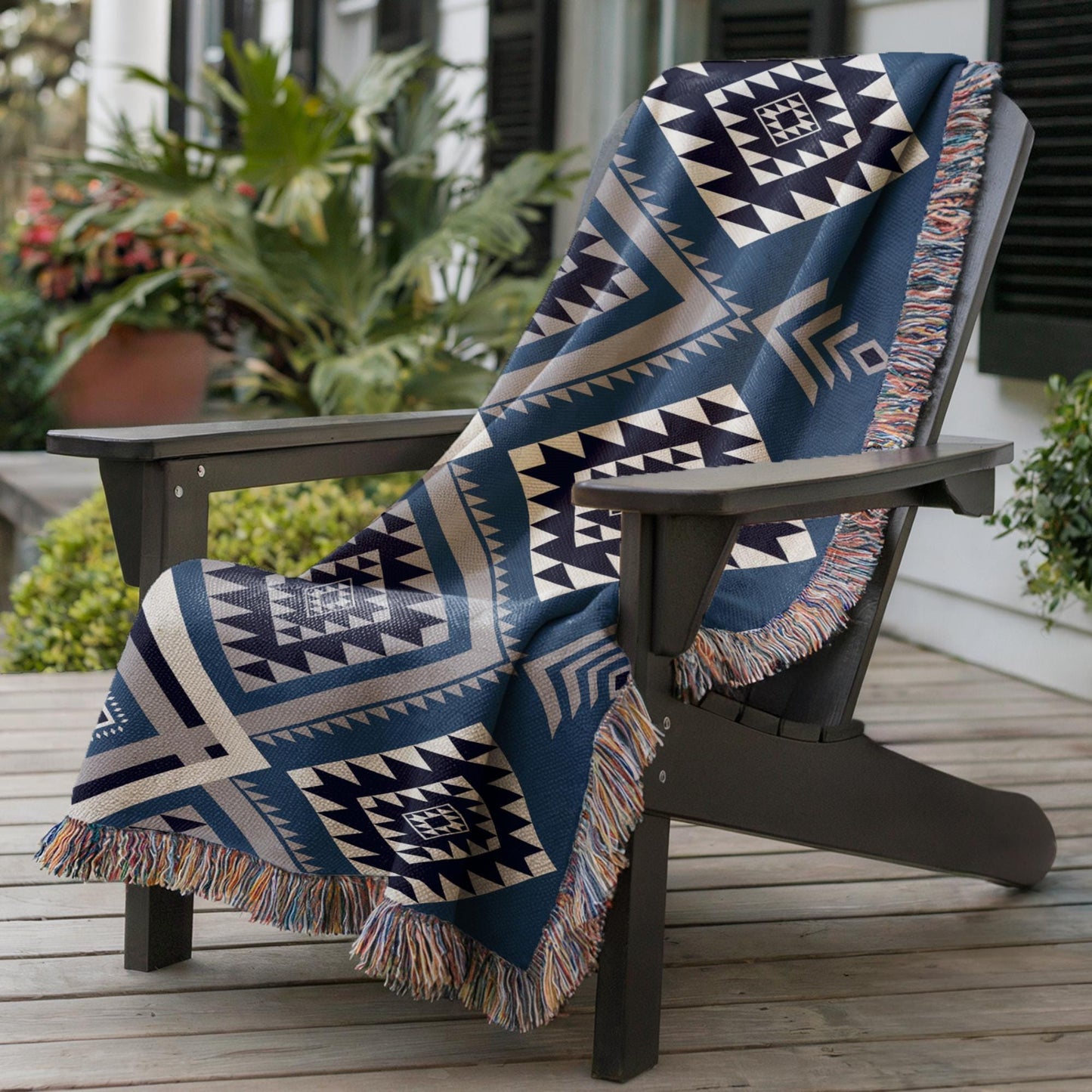 Southwestern outdoor woven throw blanket with geometric pattern for patio styling