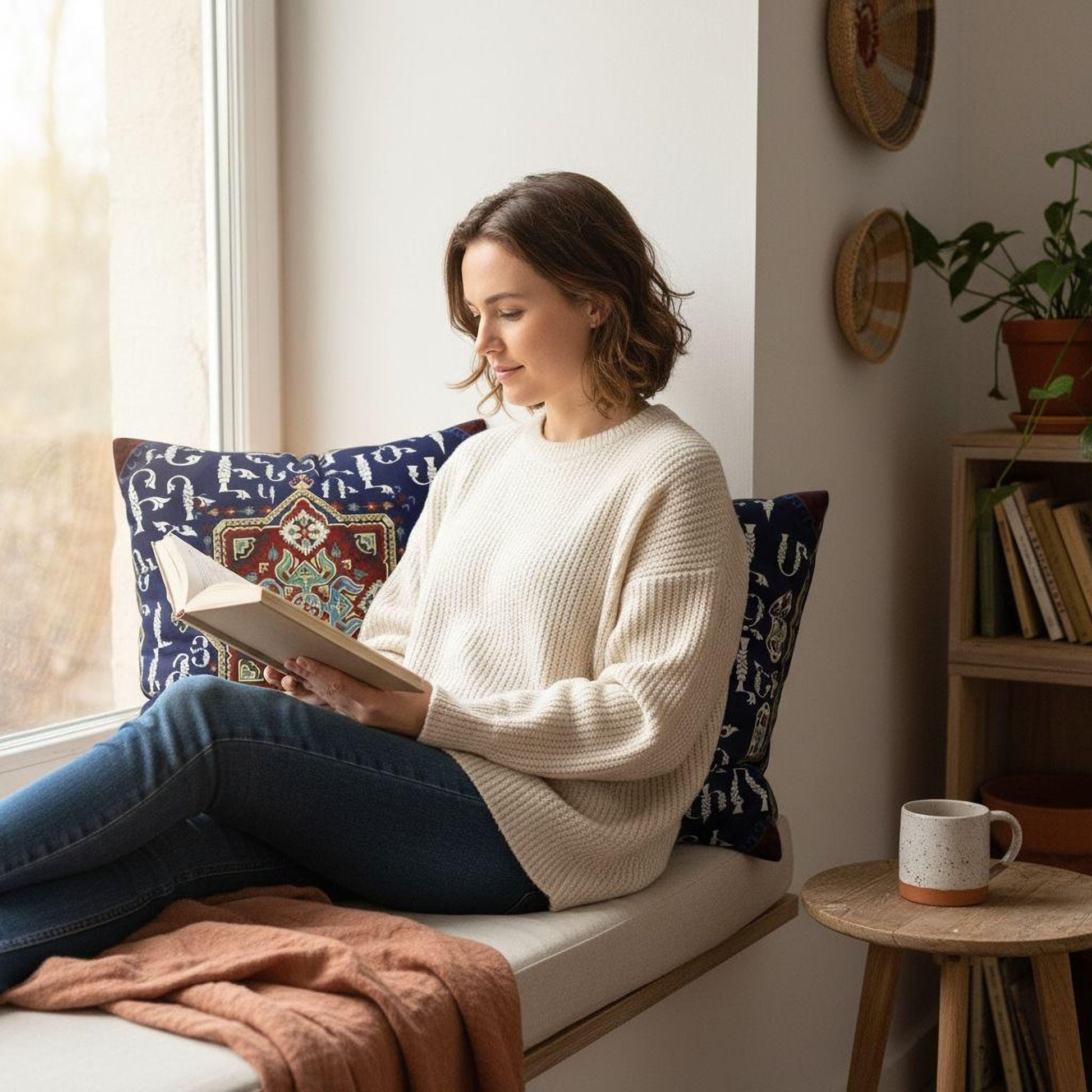 A woman is sitting on a bench, reading a book and enjoying the natural light from a window.