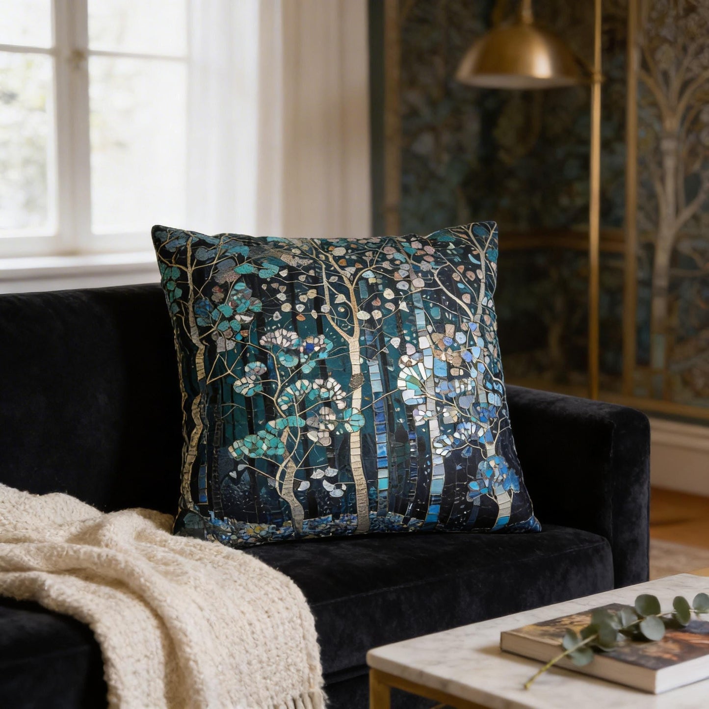 Modern Geometric pillow cover with geometric pattern styled on a sofa or bed