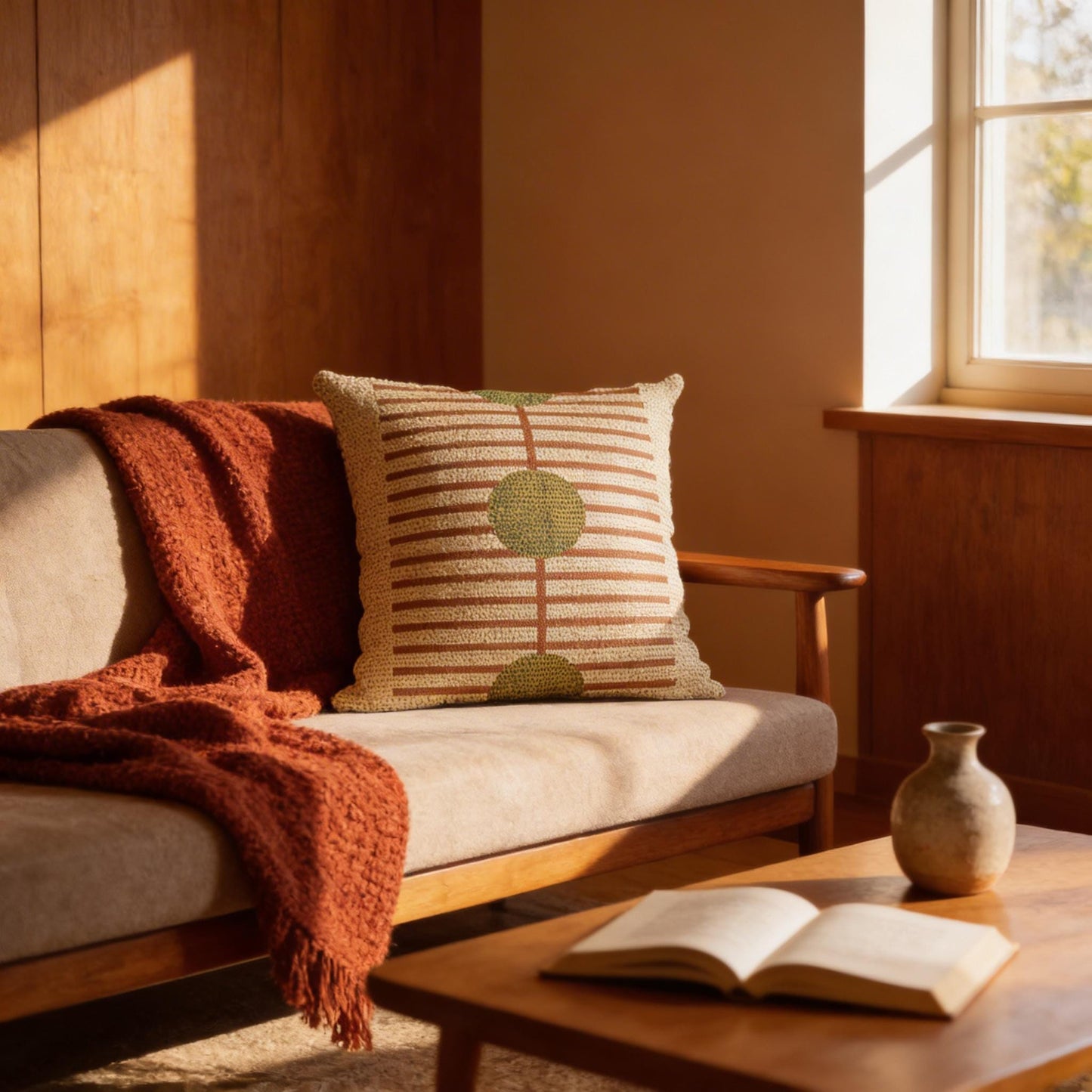 Scandinavian Inspired throw pillow with woven pattern styled on a sofa or bed