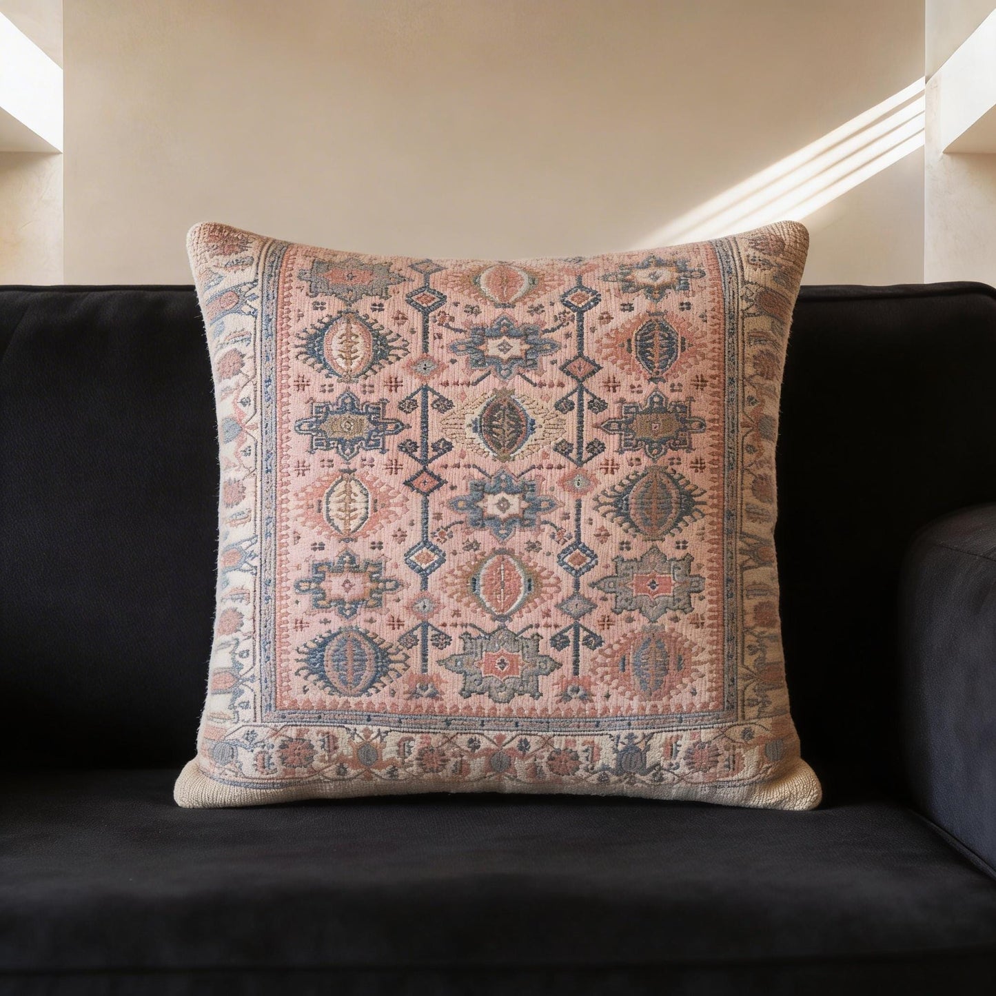 Caucasian Rug Inspired woven wall tapestry with geometric pattern styled as textile wall decor