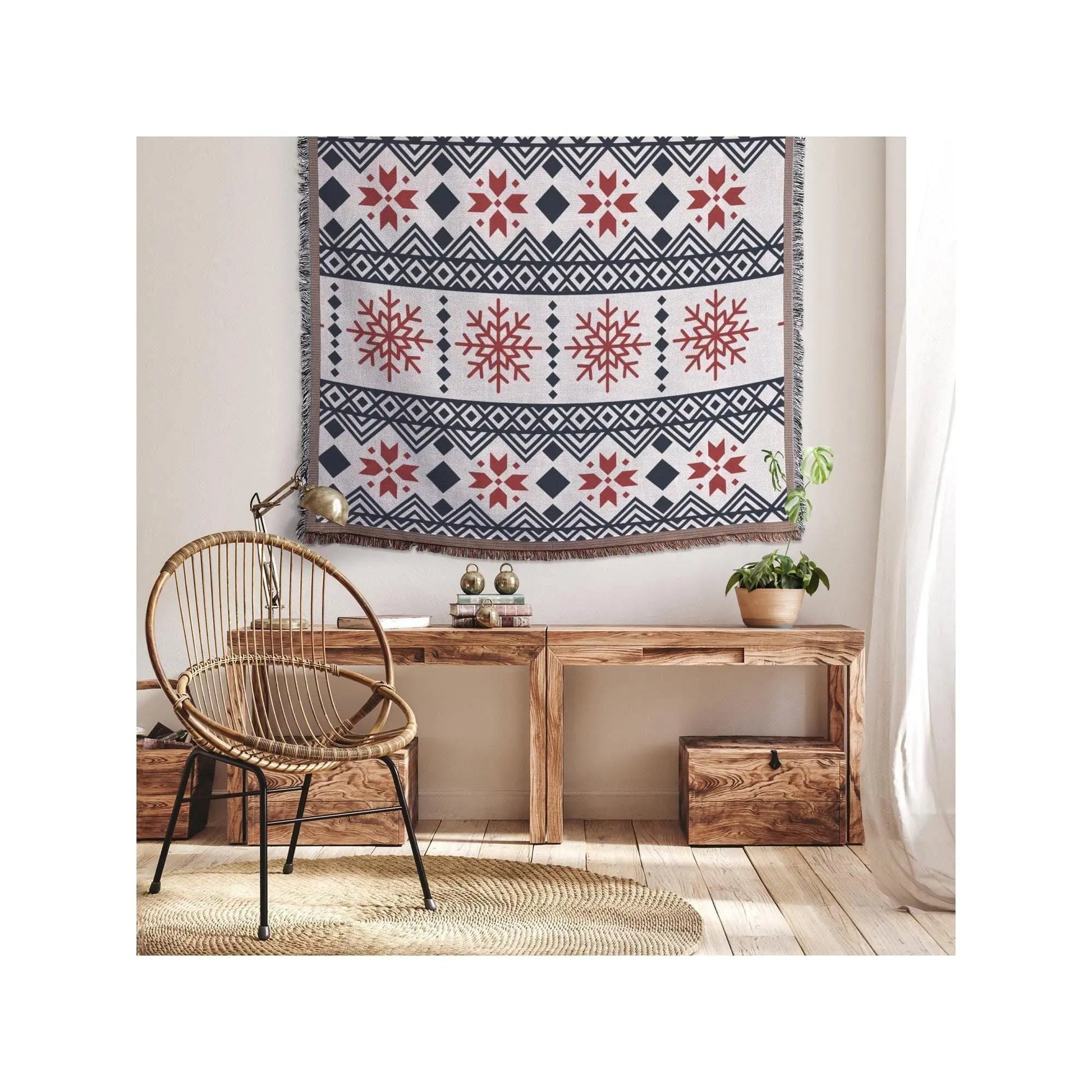 Scandi Woven Blanket – Cotton Throw Blanket with Snowflake Pattern, Cozy Winter Throw