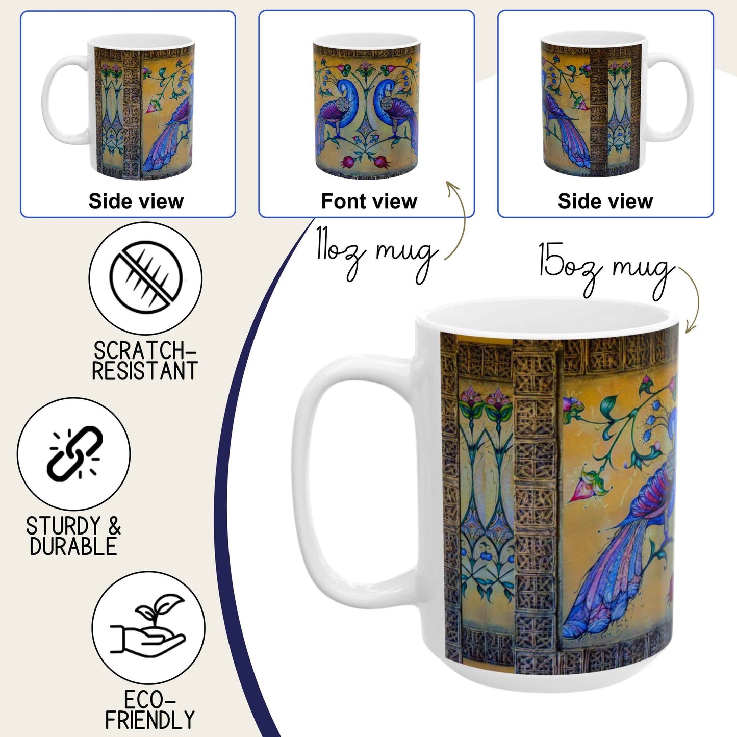 Armenian Birds Mug - Handpainted Ceramic Cup 11oz with Gold Accent Featuring Blue Bird Art - timelessbohochic.com