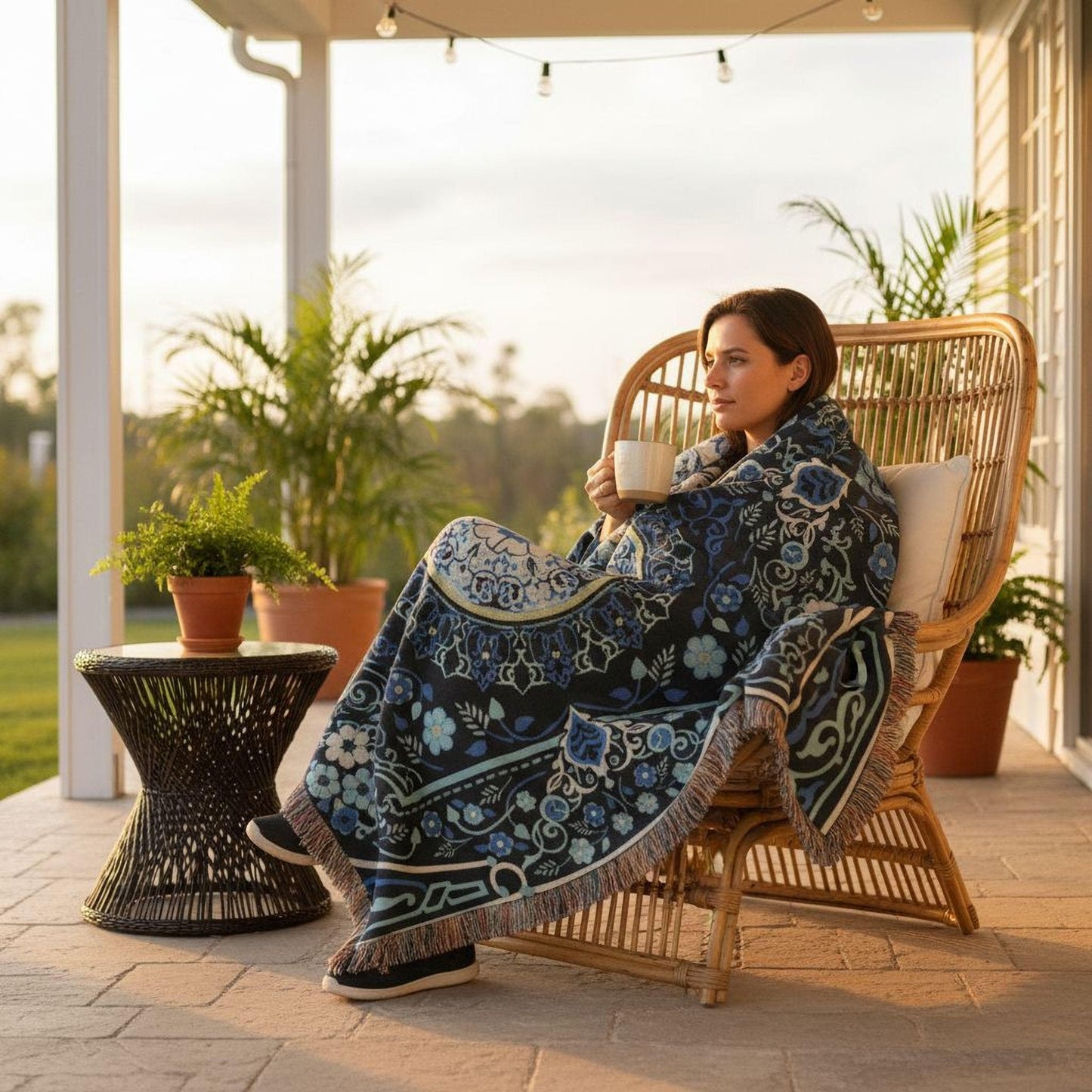 Anatolian Inspired woven blanket with rug-style pattern styled for layered home decor