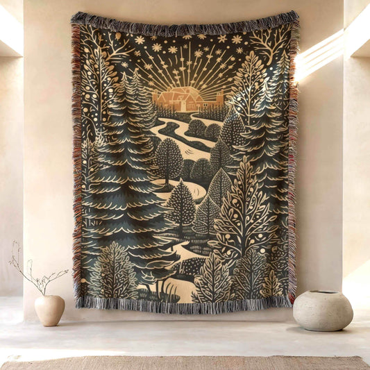 Christmas Trees Tapestry - Festive Season Gift | Cozy Cabin Decor, Woven Cotton Throw - timelessbohochic.com