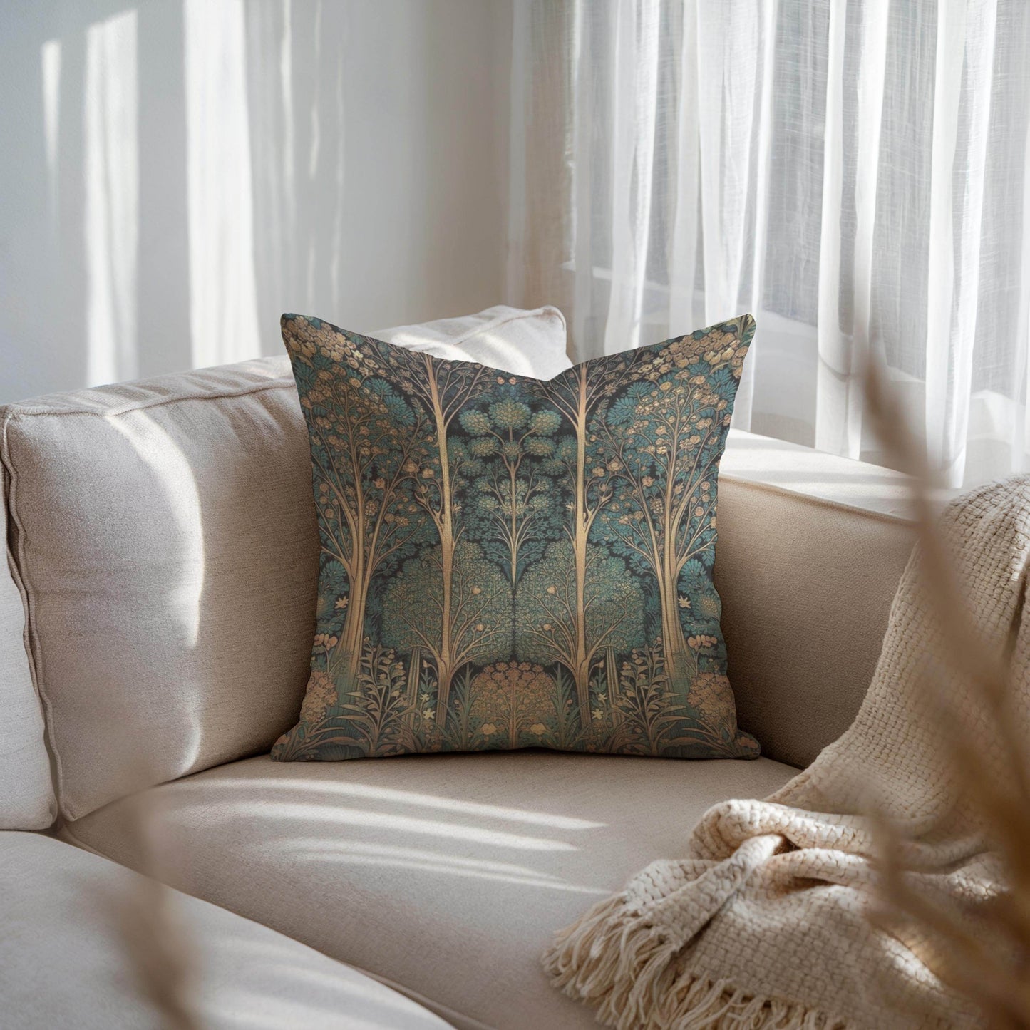Art Deco Pillow – Woven Cotton Cushion with Insert | Elegant Forestcore Design - timelessbohochic.com