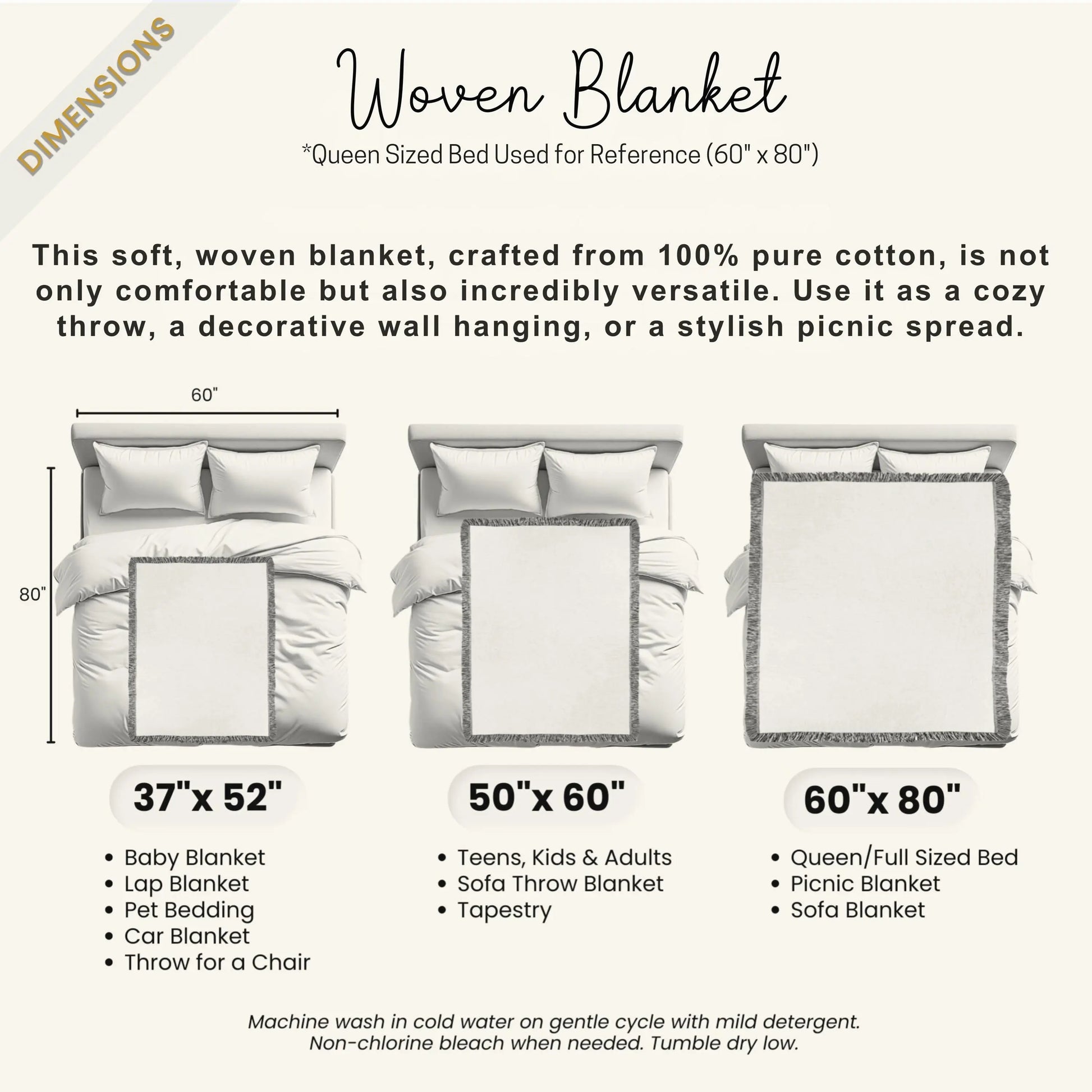 Scandi Cotton Blanket - Cozy Scandinavian Throw with Dala Horse & Bird Pattern, Fringe Edge