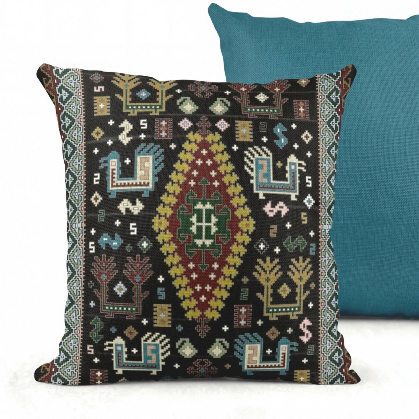 Caucasian Rug Inspired woven wall tapestry with geometric pattern styled as textile wall decor