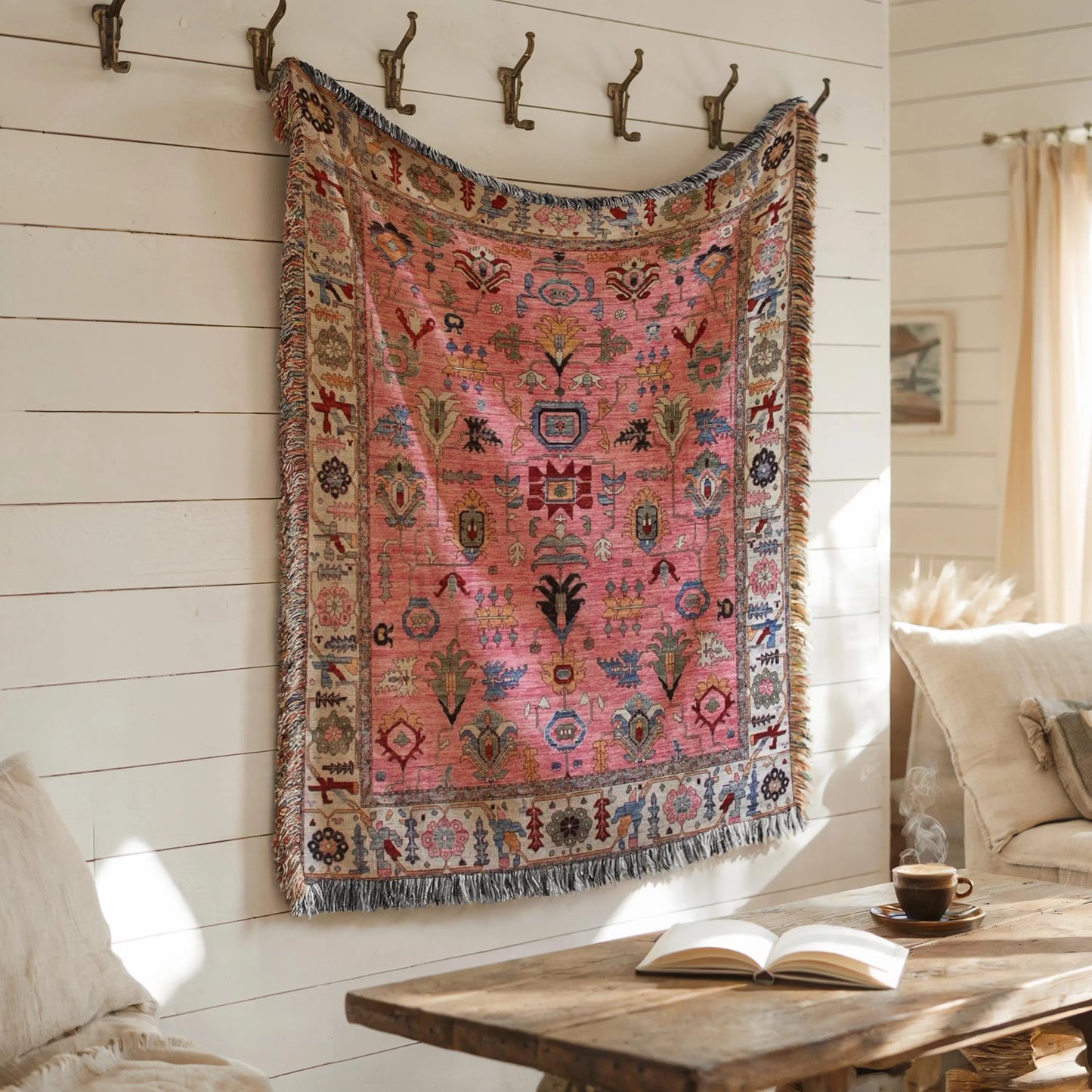 Pink Throw Blanket - Boho Wall Art Woven Turkish Rug Decor with Colorful Fringe