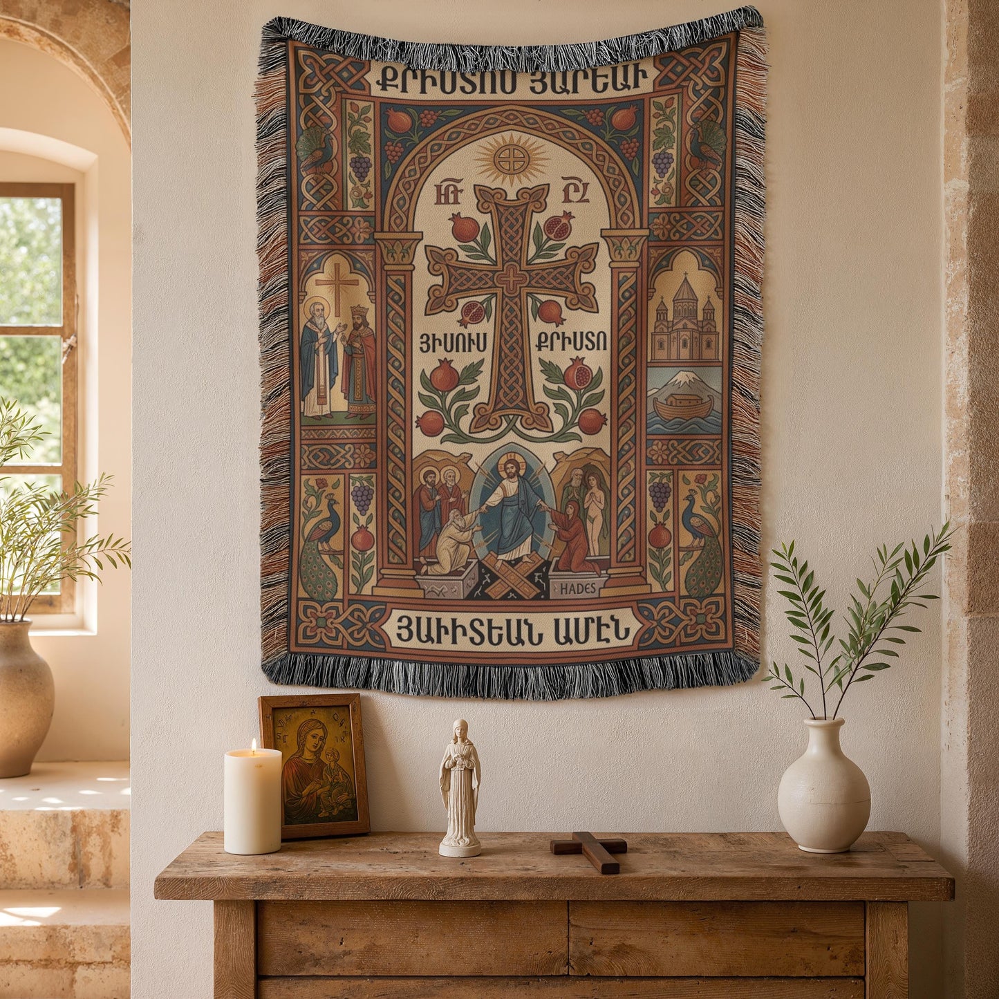 Console vignette with vases, Armenian Christian wall tapestry showing ornate Armenian cross and pomegranates