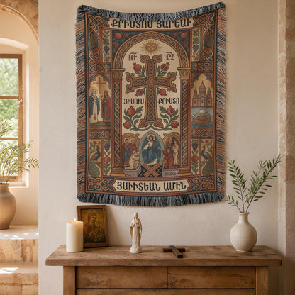 Console vignette with vases, Armenian Christian wall tapestry showing ornate Armenian cross and pomegranates