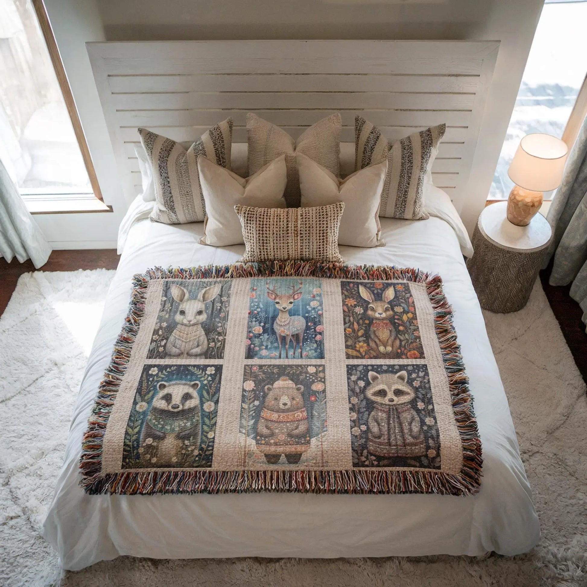 Cotton Woven Quilt – Woodland Animal Throw | Scandi Forest Decor Blanket