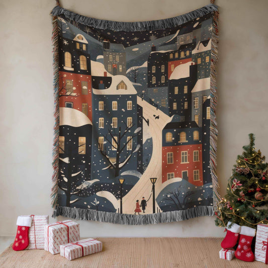 Xmas Village Throw Blanket – Cozy Cotton Woven Holiday Decor with Fringed Edges - timelessbohochic.com