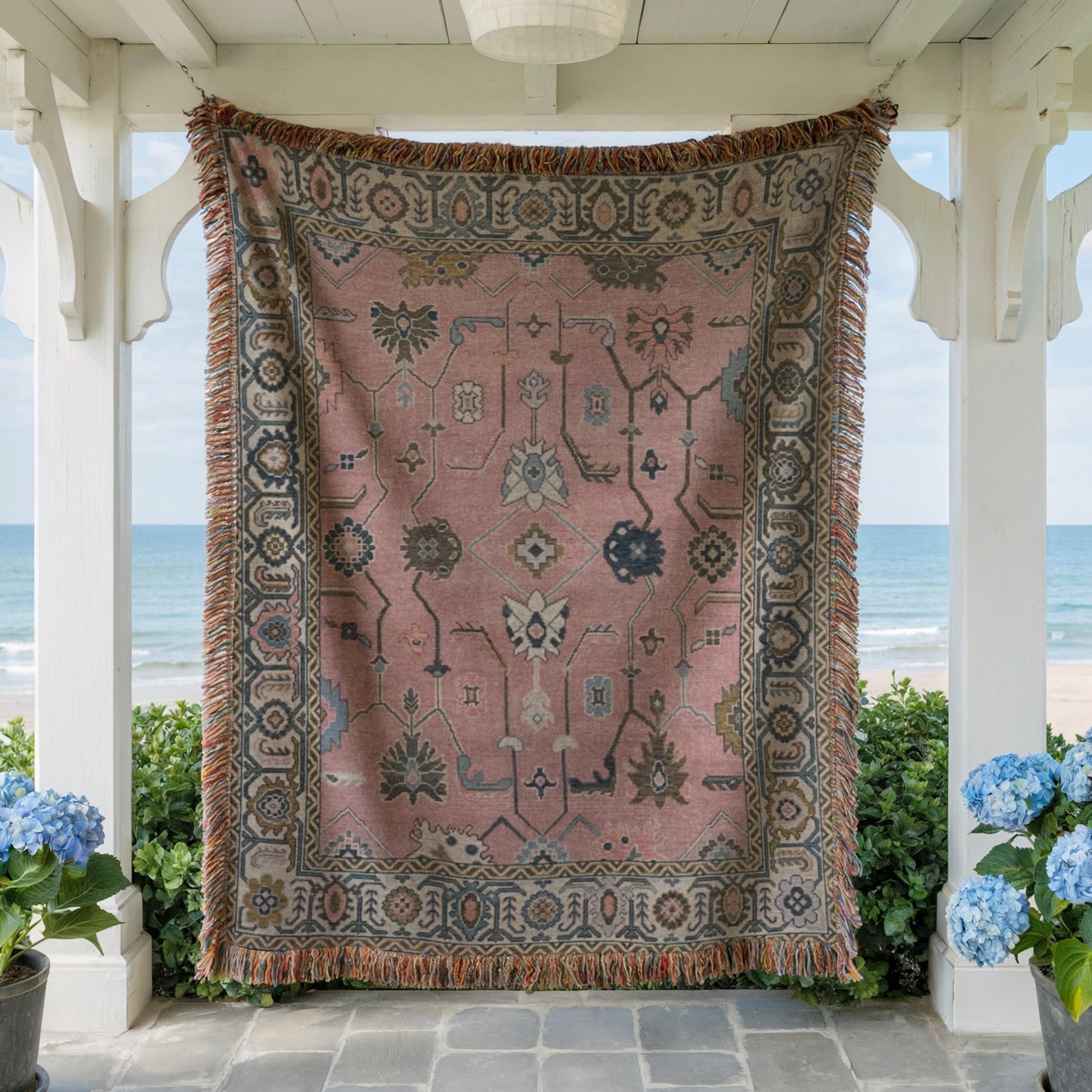 Southwestern woven wall tapestry with geometric pattern styled as textile wall decor