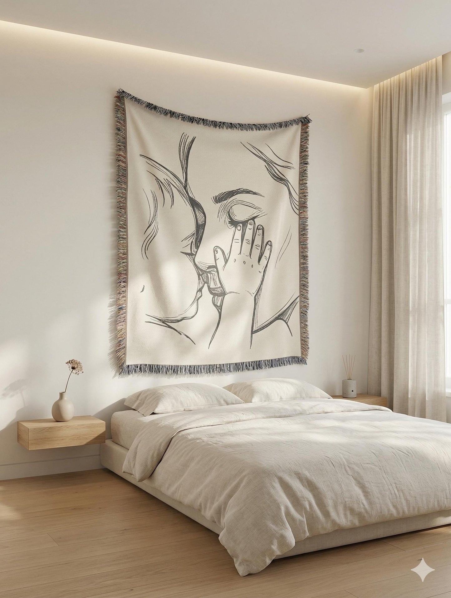 Modern Geometric woven wall tapestry with geometric pattern styled as textile wall decor