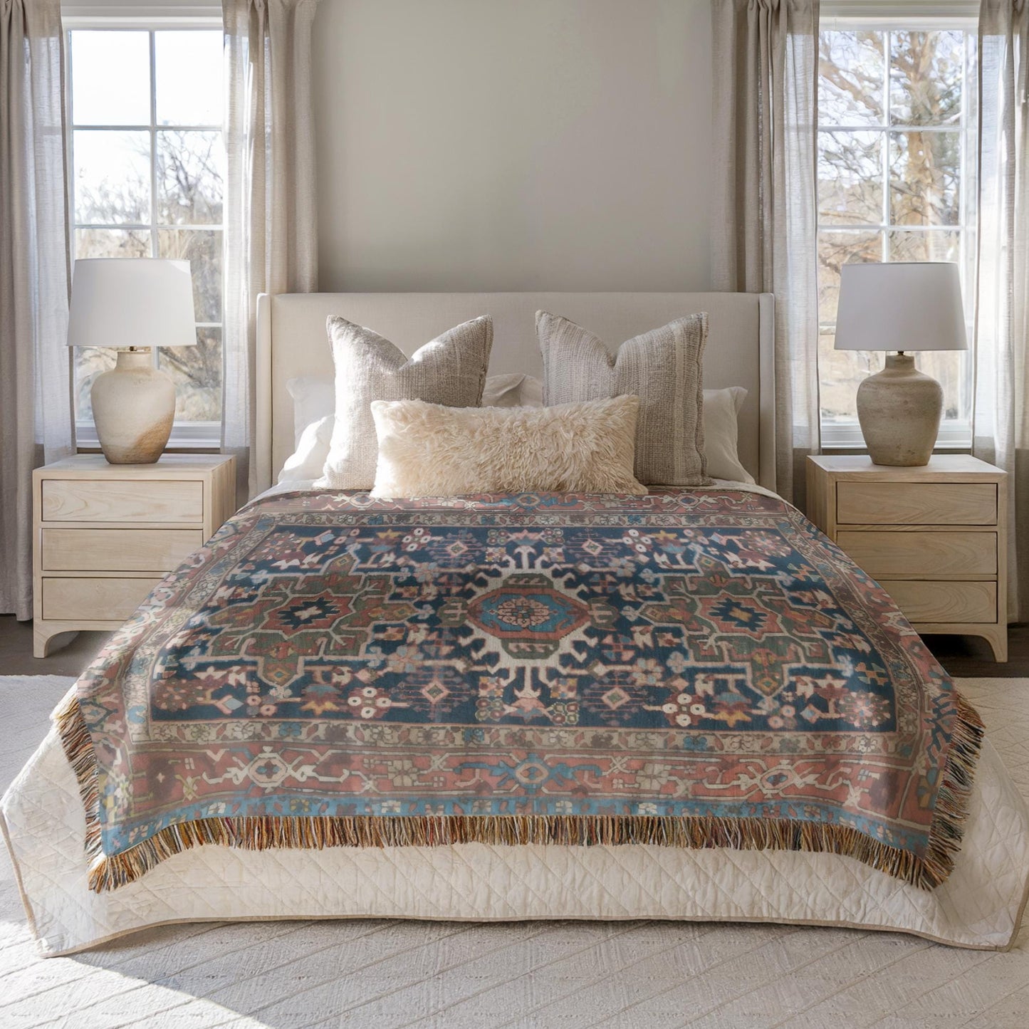 Anatolian Inspired woven blanket with rug-style pattern styled for layered home decor