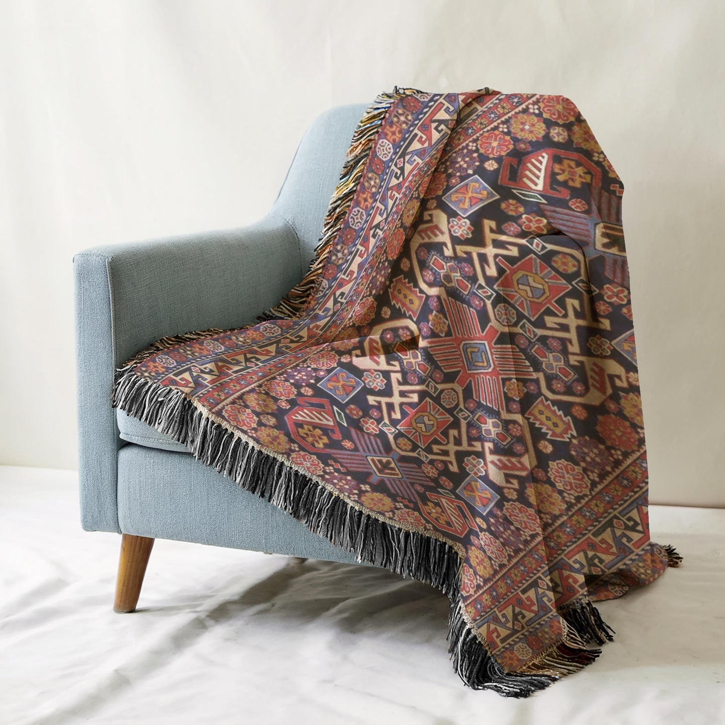 Anatolian Inspired woven wall tapestry with rug-style pattern styled as textile wall decor