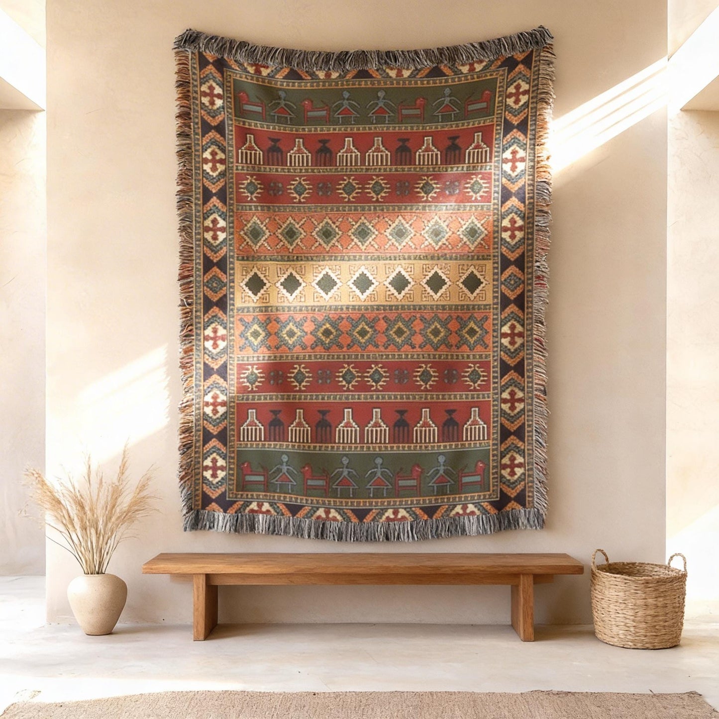 Southwestern woven wall tapestry with geometric pattern styled as textile wall decor