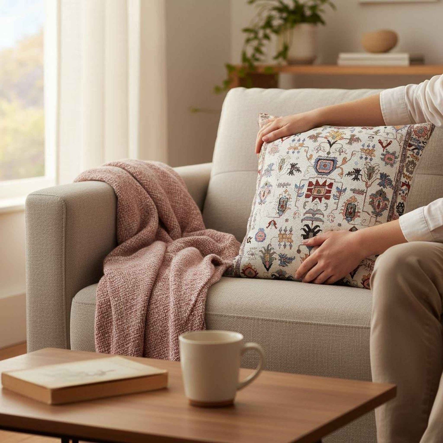 Anatolian Inspired pillow cover with rug-style pattern styled on a sofa or bed