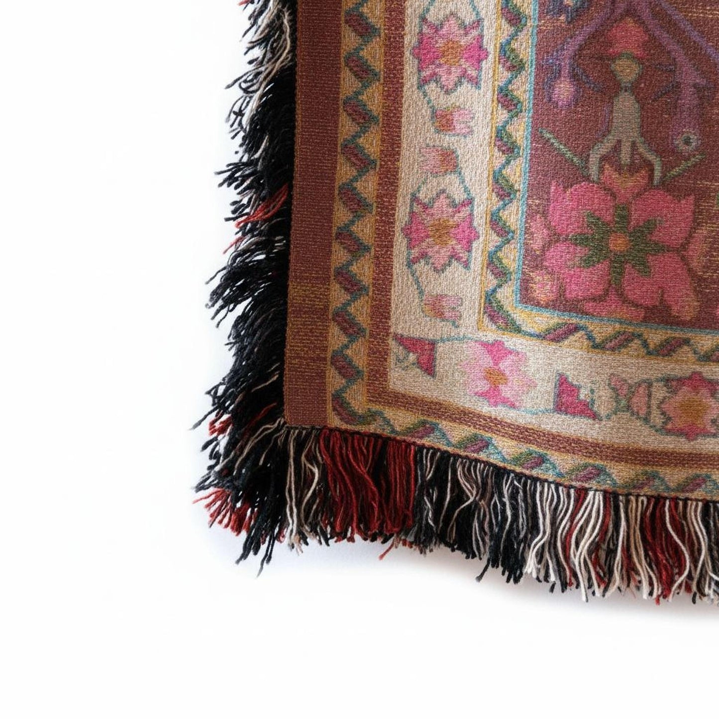 Caucasian Rug Inspired woven blanket with geometric pattern styled for layered home decor