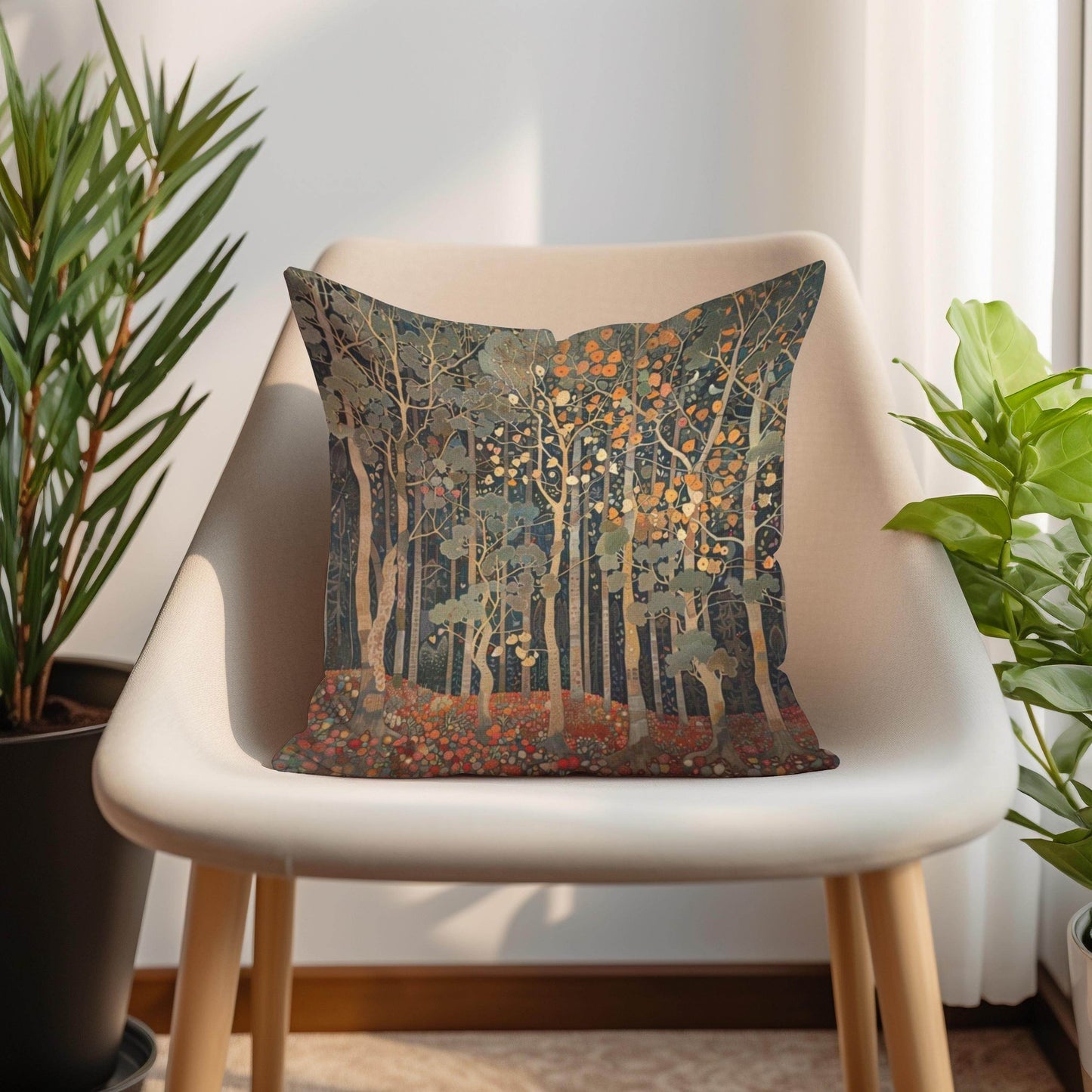 Art Deco Cushion - Retro Style Pillow with Forest Design | Woven Cotton 18x18 - timelessbohochic.com