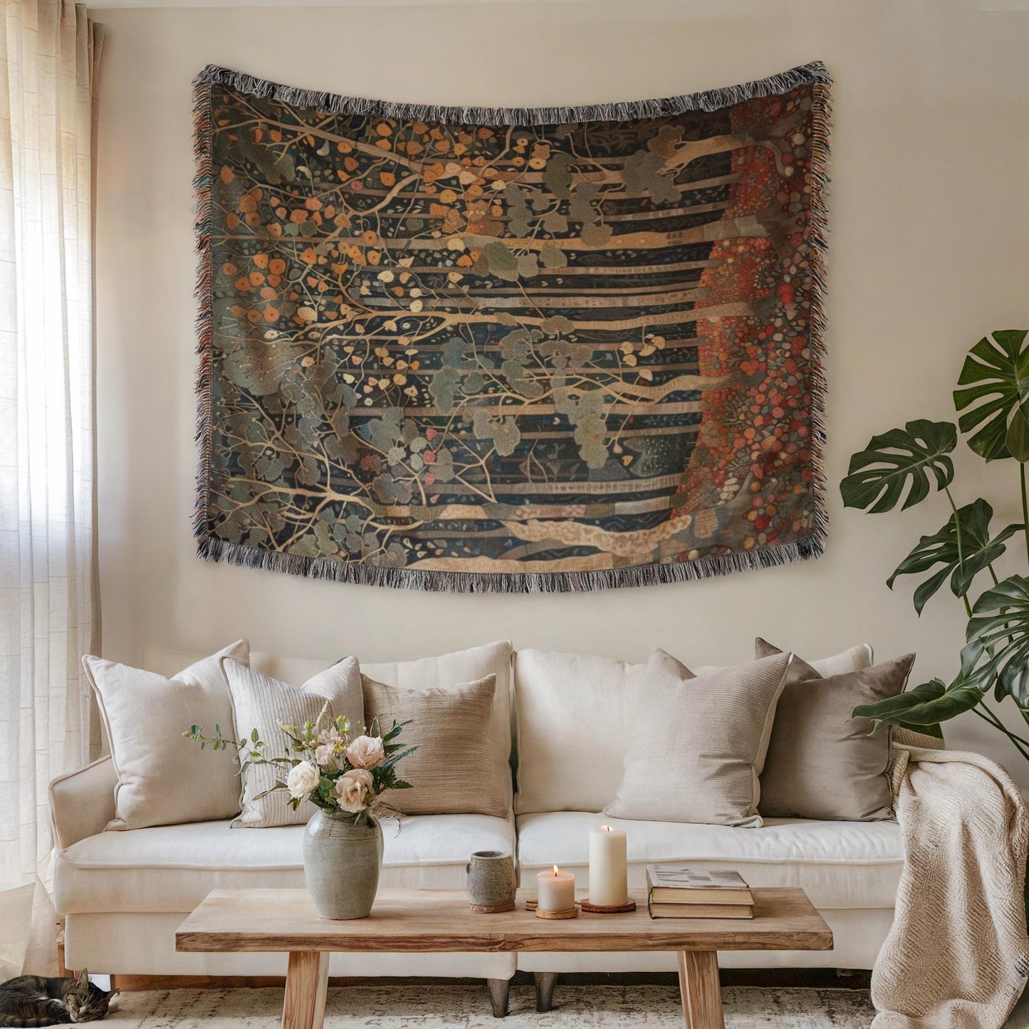 Scandinavian Inspired woven wall tapestry with rug-style pattern styled as textile wall decor