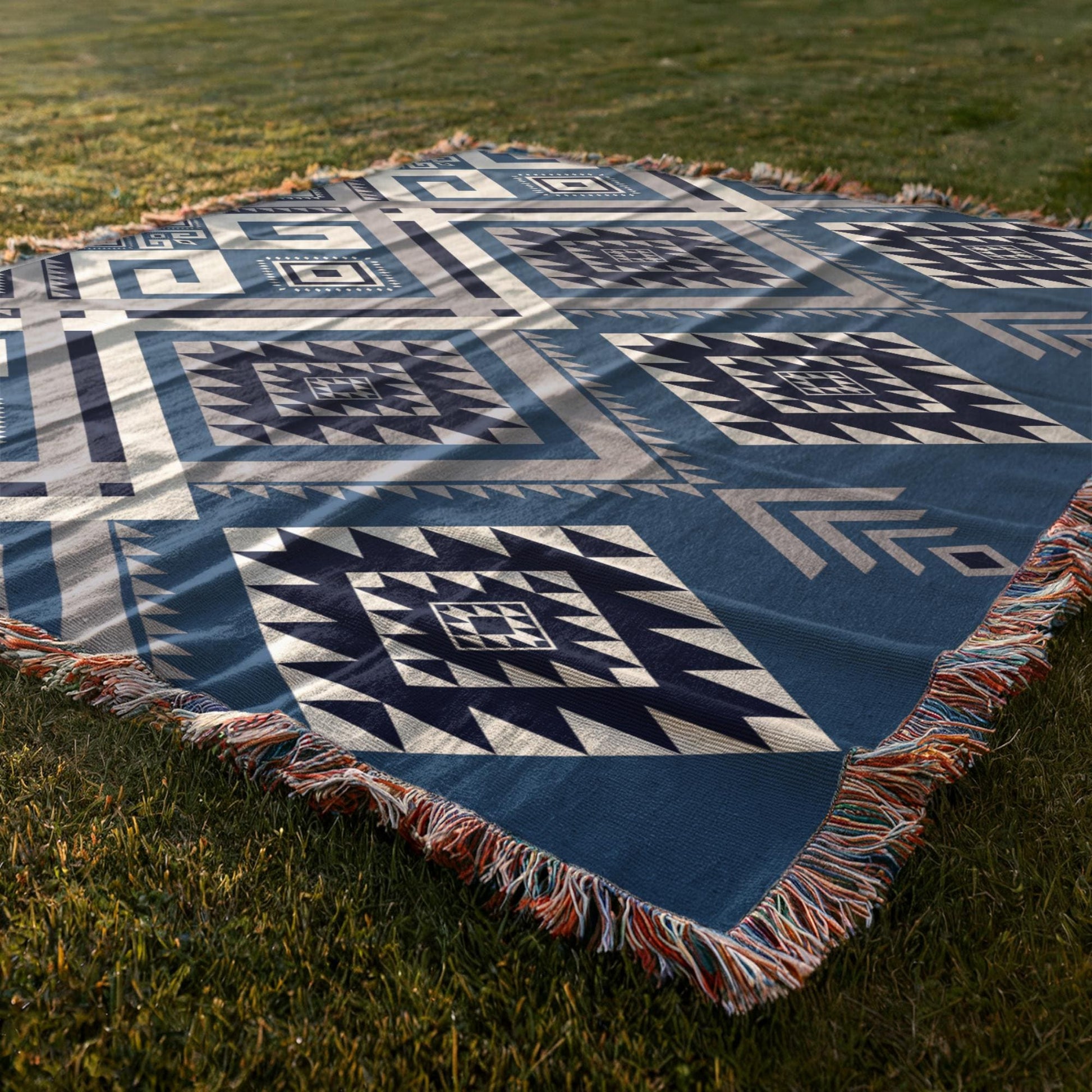 Personalized Woven Blanket - Boho Tribal Design Cotton Throw With Colorful Fringed Edges