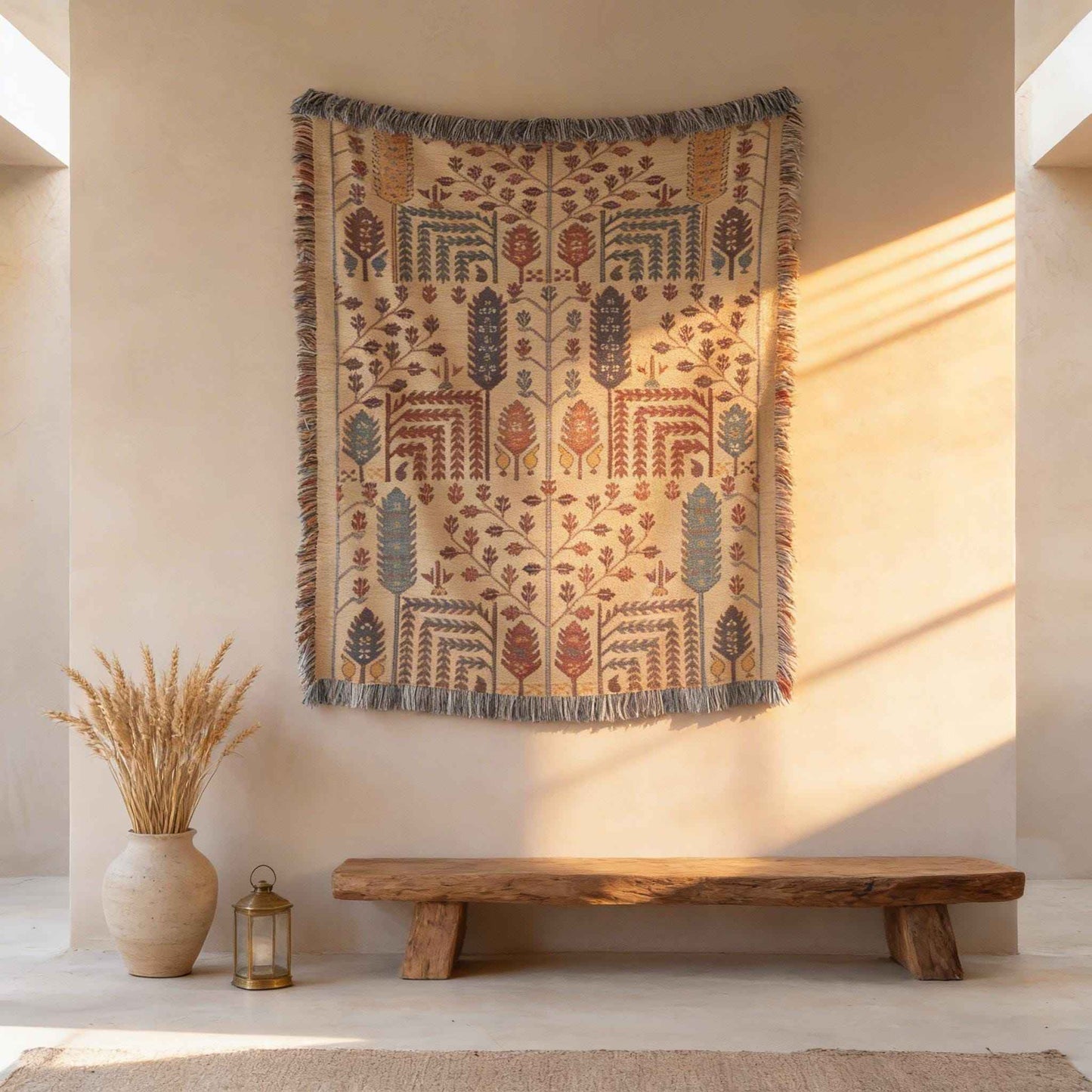 Caucasian Rug Inspired woven wall tapestry with geometric pattern styled as textile wall decor