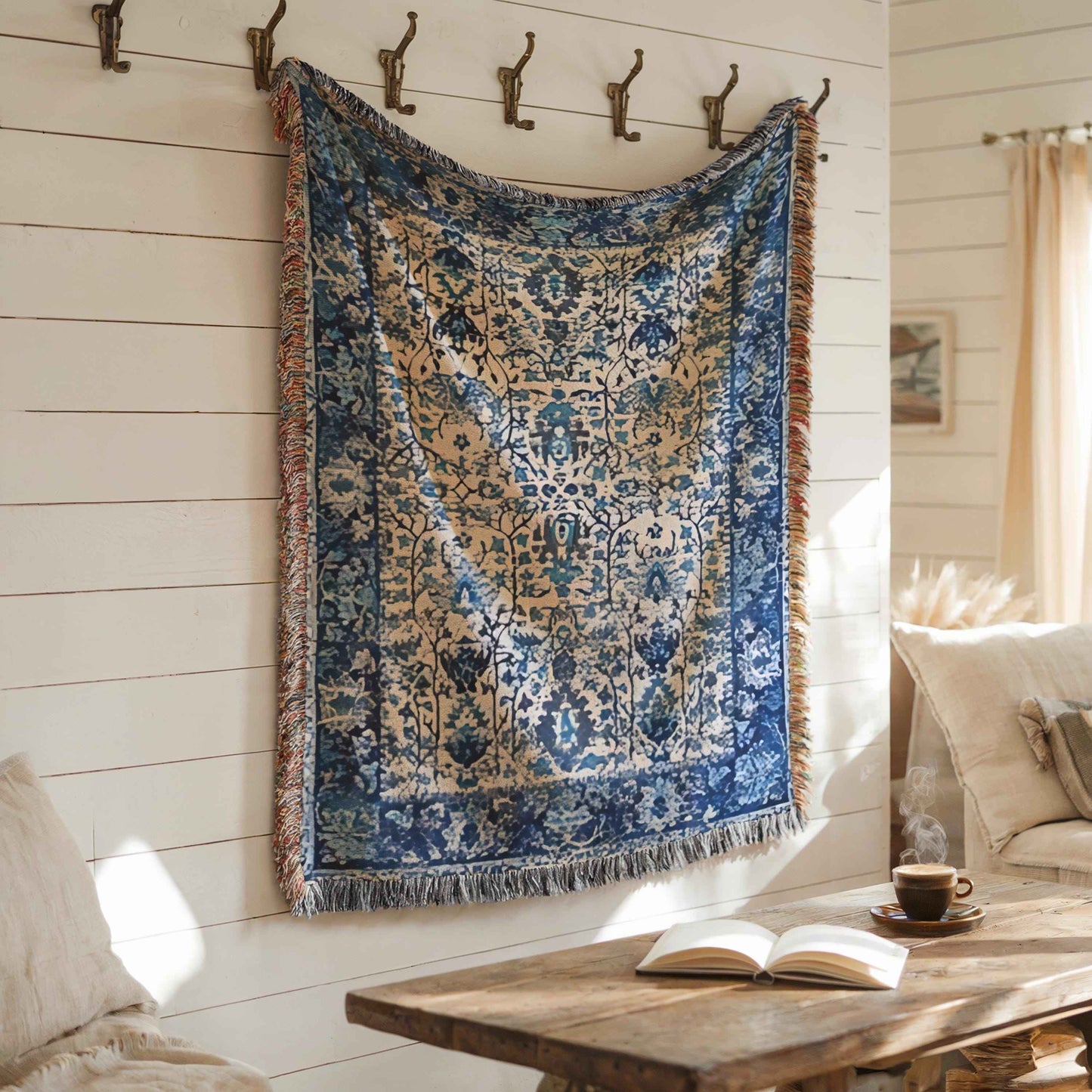 Anatolian Inspired woven blanket with rug-style pattern styled for layered home decor