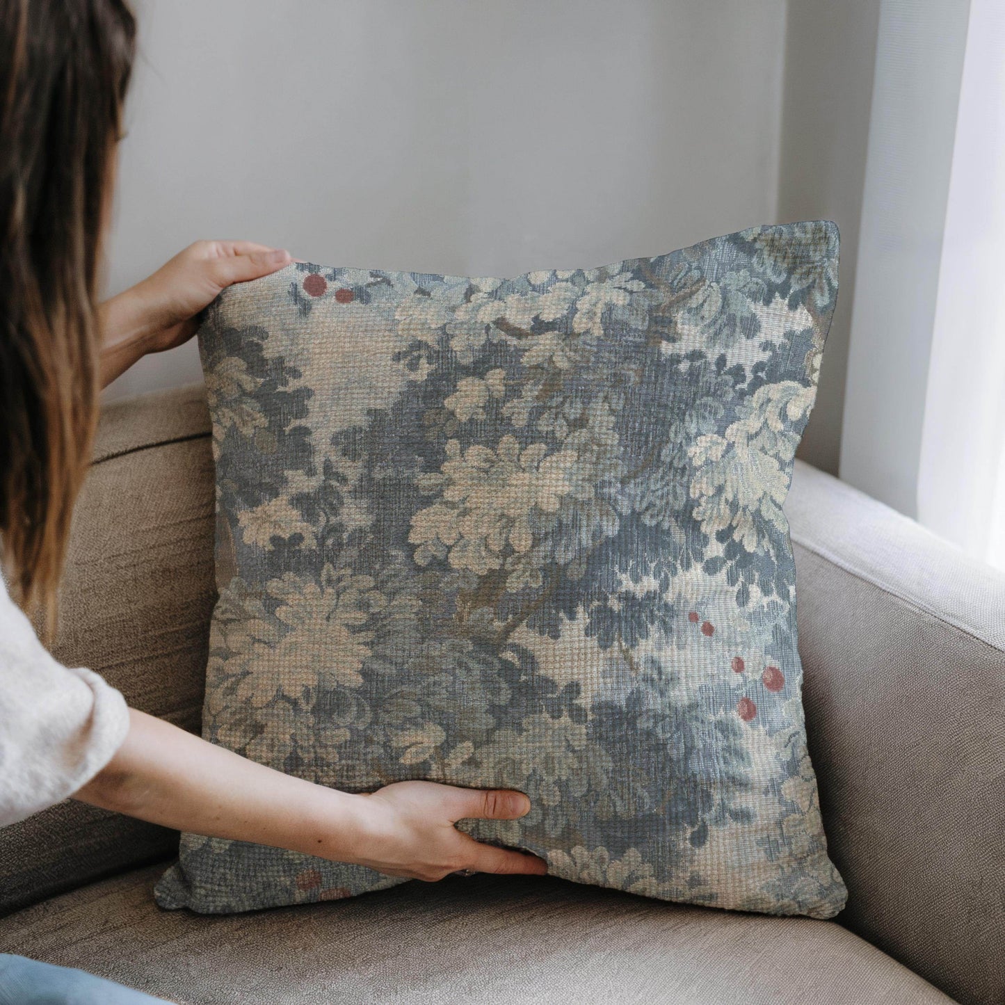 French Tapestry Pillow - Aubusson Style Decorative Cushion 18x18 Inch with Soft Filling - timelessbohochic.com