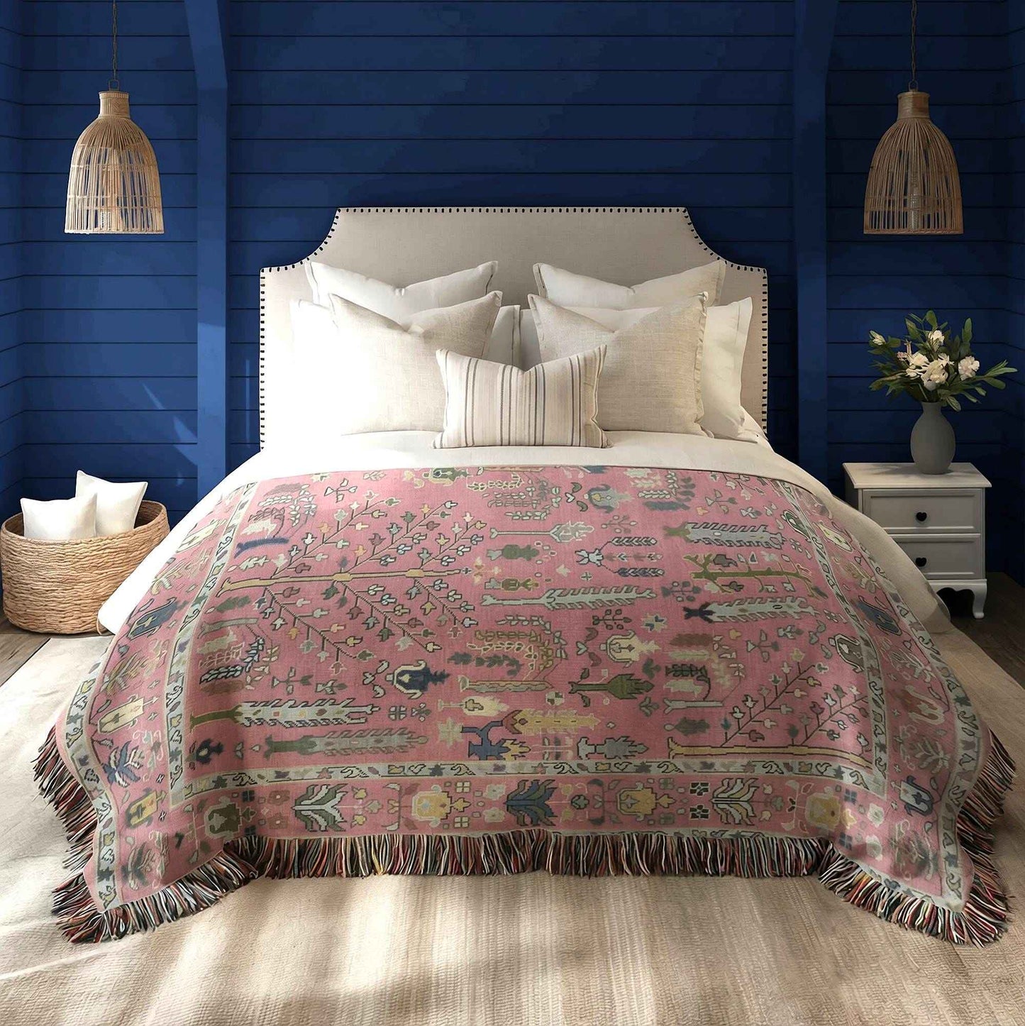 Anatolian Inspired woven blanket with rug-style pattern styled for layered home decor