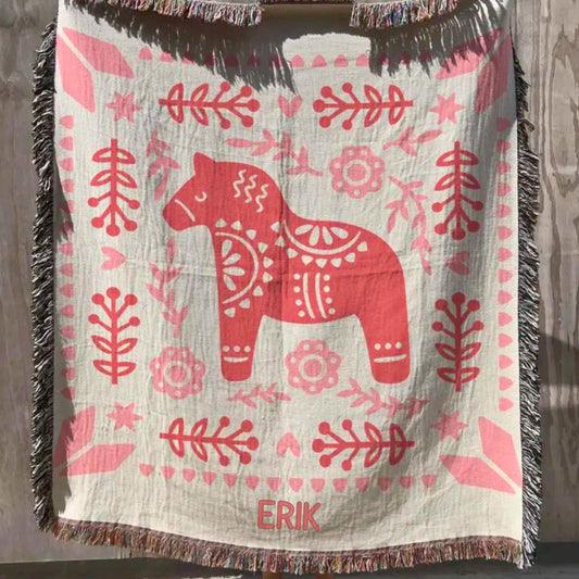 Dala Horse Throw Blanket – Scandinavian Throw With Colorful Fringe, Cozy Cotton Yarn - timelessbohochic.com