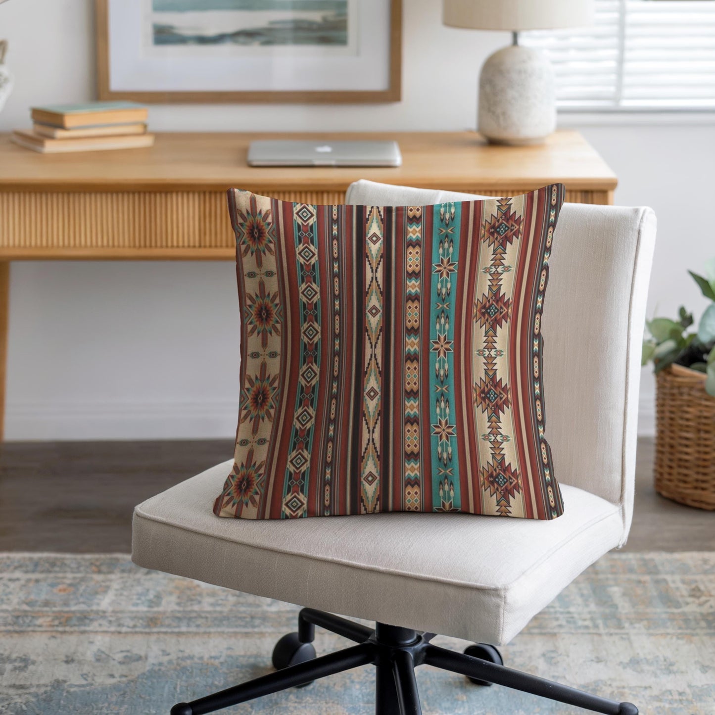 Southwestern throw pillow with geometric pattern styled on a sofa or bed