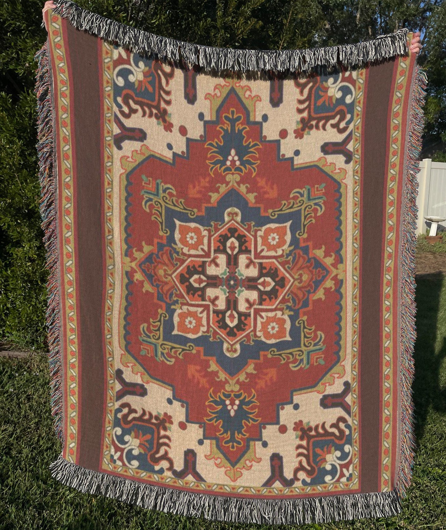 Anatolian Inspired woven wall tapestry with rug-style pattern styled as textile wall decor