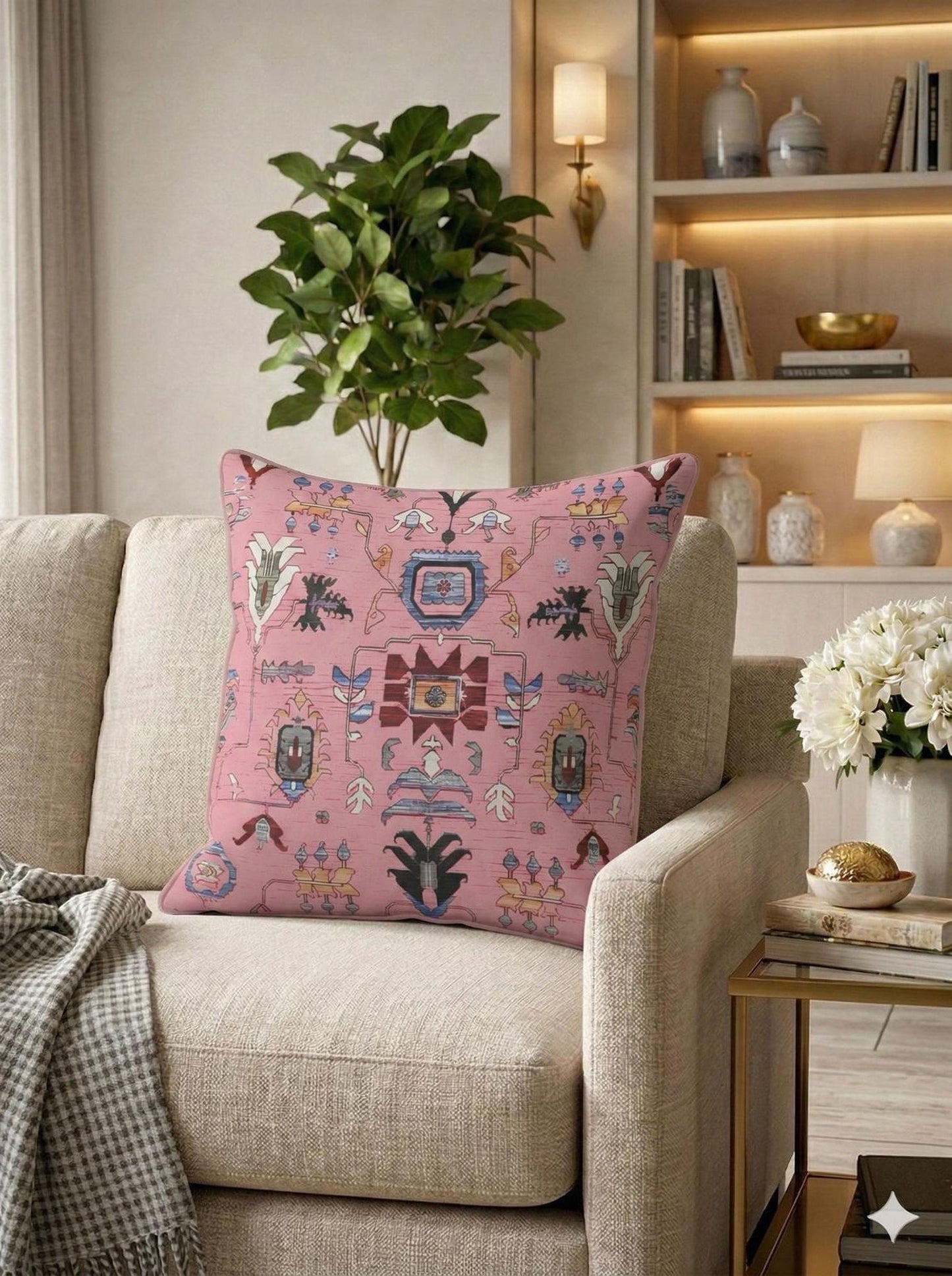 Anatolian Inspired pillow cover with rug-style pattern styled on a sofa or bed