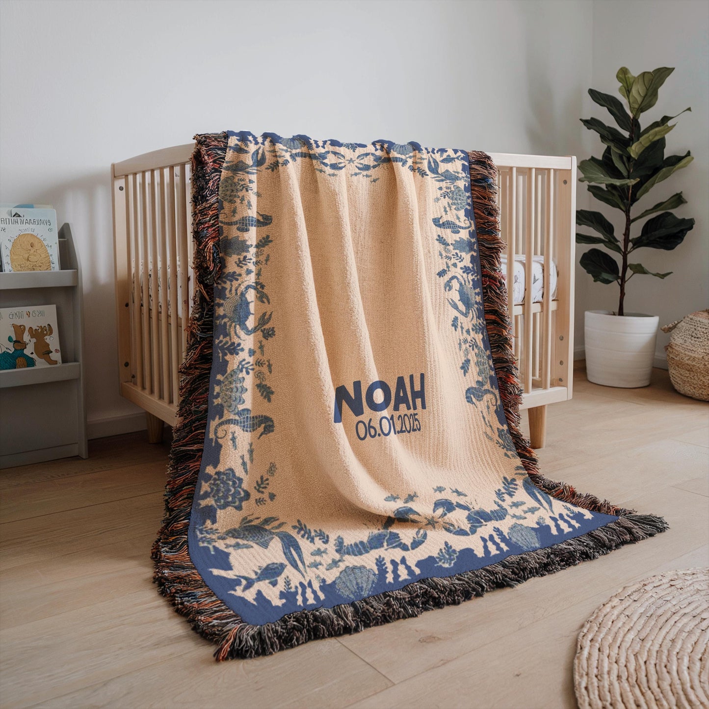 Personalized Baby Blanket - Ocean Theme Woven Throw with Name & Date, Custom Cotton