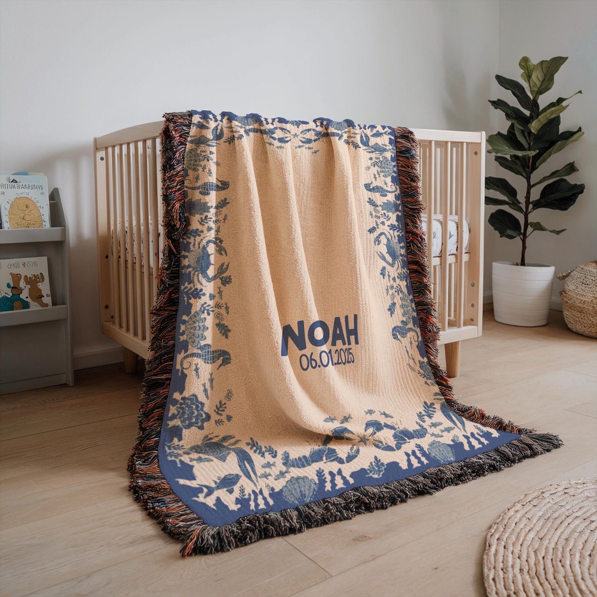 Personalized Baby Blanket - Ocean Theme Woven Throw with Name & Date, Custom Cotton