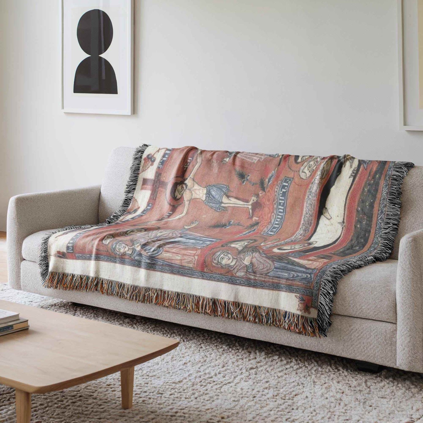 Armenian Tapestry Throw – Large Cotton Blanket With Crucifixion Scene Design - timelessbohochic.com