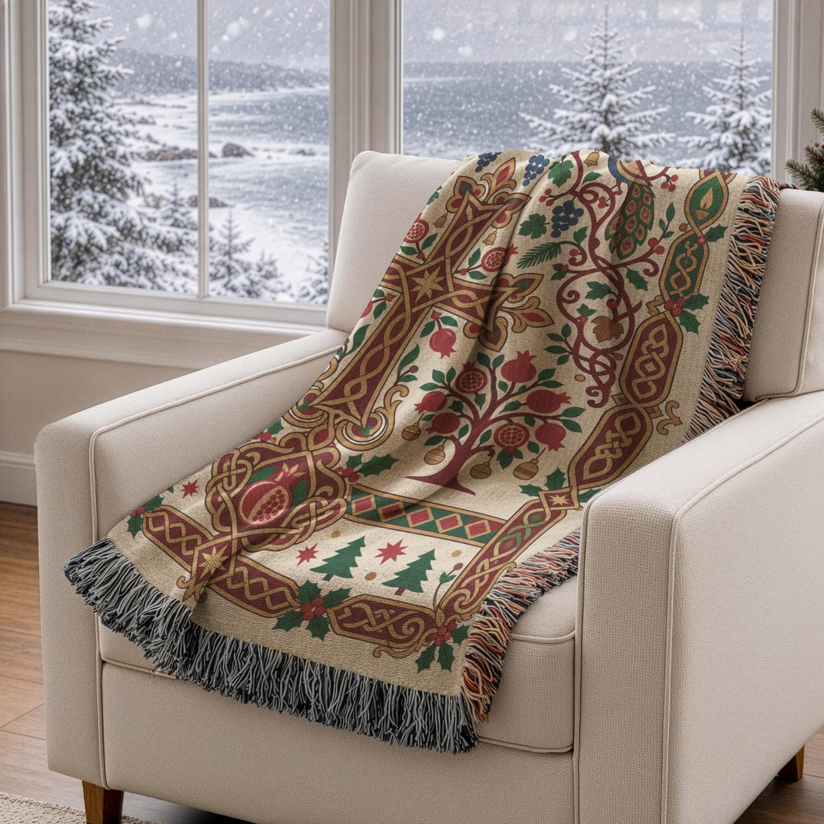A cozy white armchair sits in front of a large window, with a vibrant, patterned throw blanket draped over it. The blanket features a festive design with Christmas trees, berries, and other holiday motifs. The scene is set against a snowy landscape visible through the window, creating a warm and inviting atmosphere.