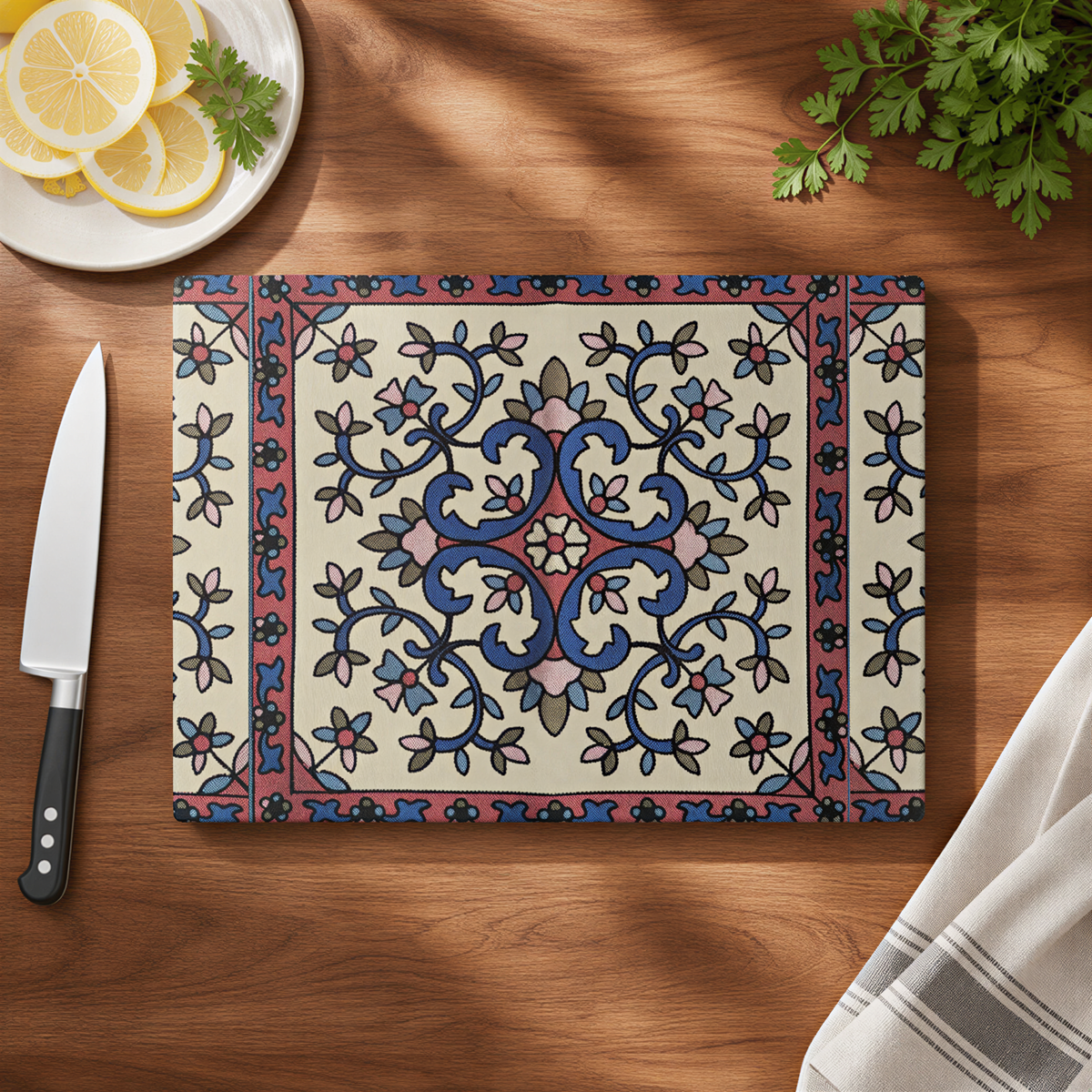 Armenian floral cutting board on a wood counter with a knife and lemon slices